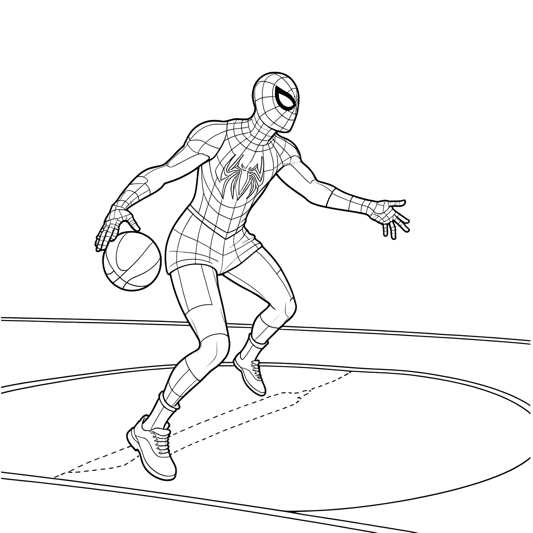 Spiderman swinging and posing on the court Coloring Page (free black-and-white line drawing printable PDF for all, from beginners to advanced learners, including children, teens, adults, and seniors)
