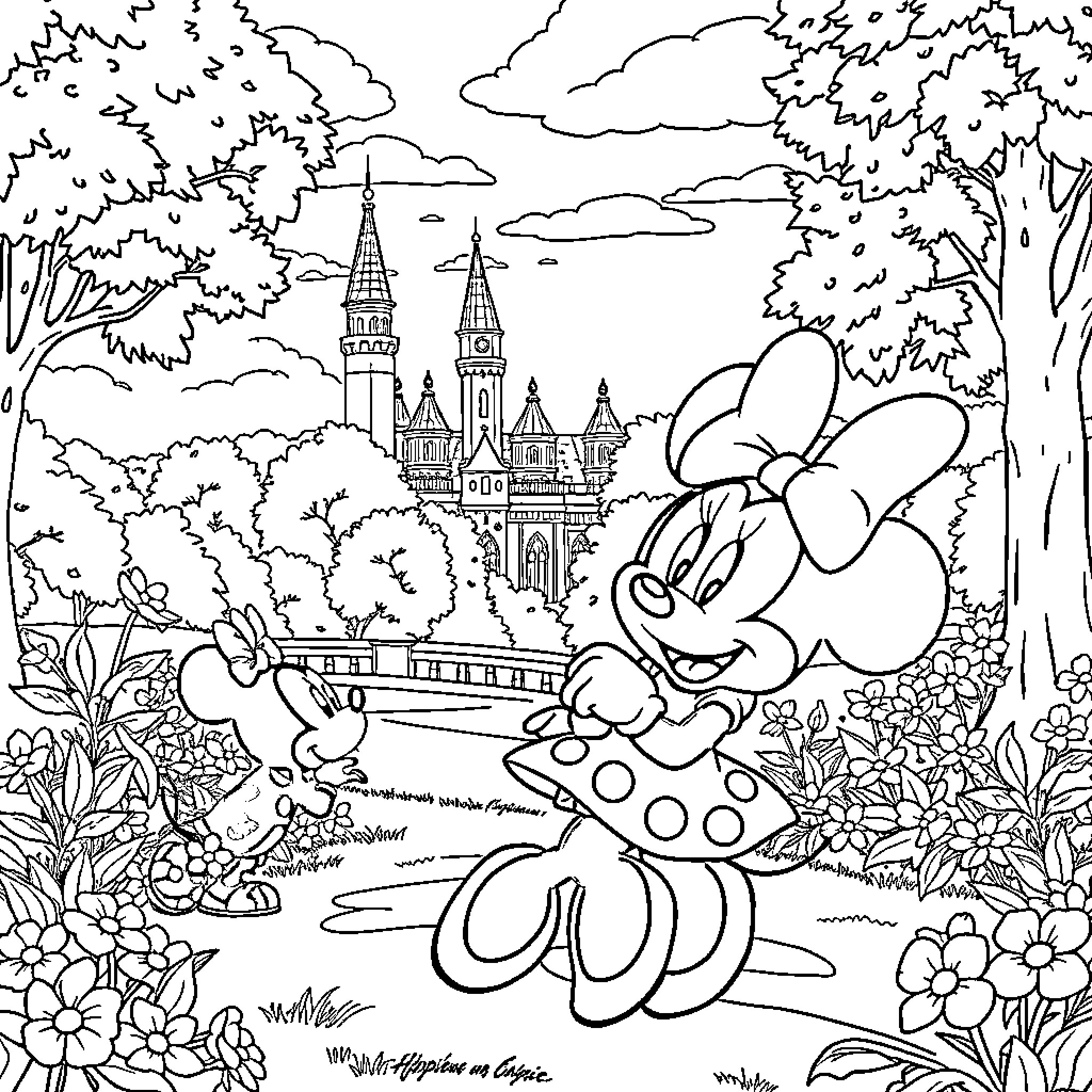 Minnie Mouse exploring a magical fantasy kingdom Coloring Page (free black-and-white line drawing printable PDF for all, from beginners to advanced learners, including children, teens, adults, and seniors)