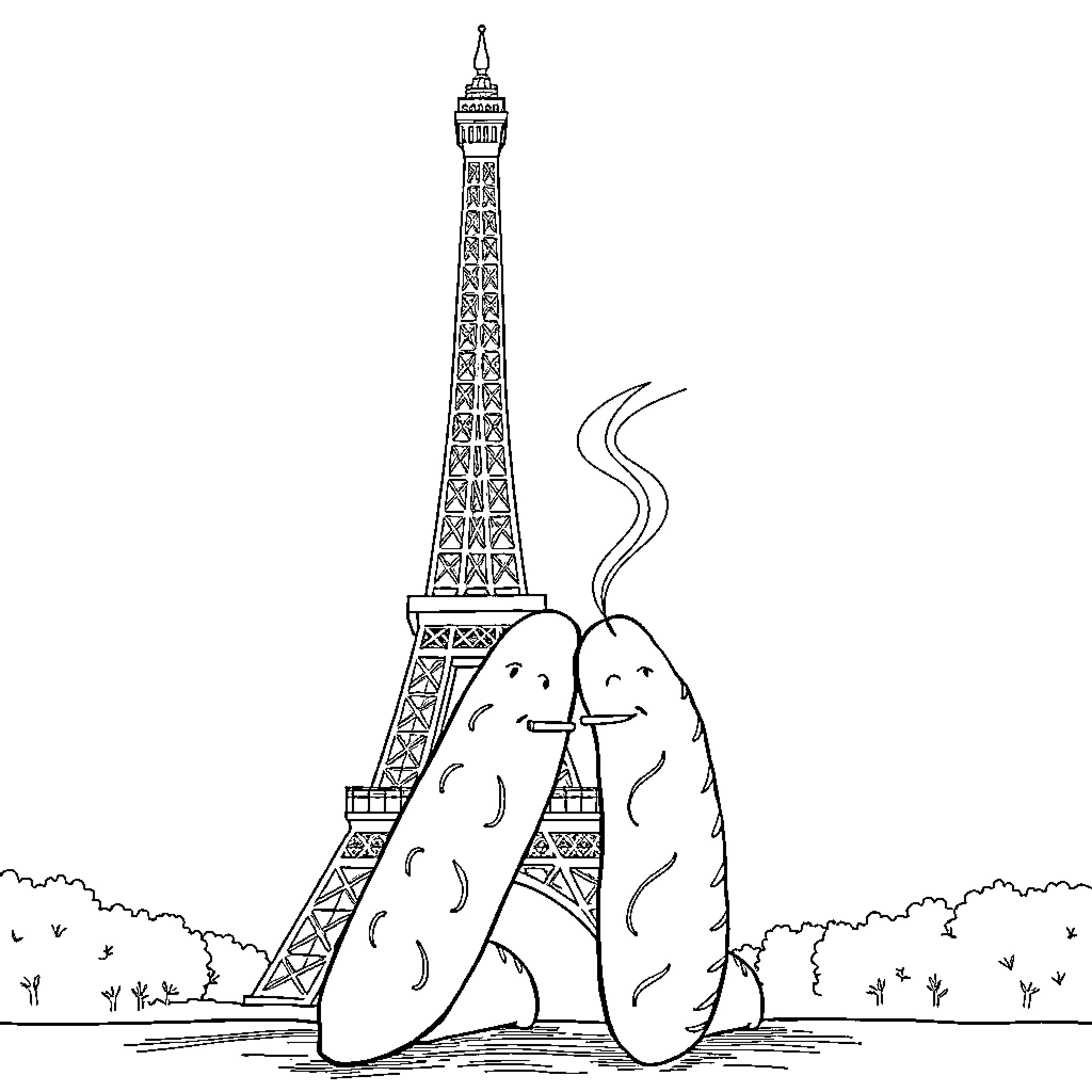 Baguette enjoying a romantic stroll in Paris Coloring Page (free black-and-white line drawing printable PDF for all, from beginners to advanced learners, including children, teens, adults, and seniors)