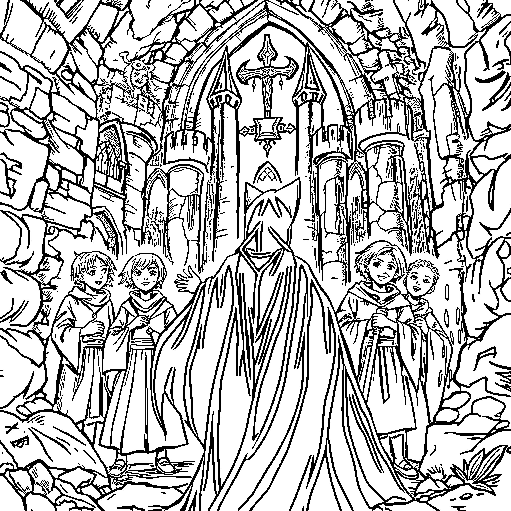 Maleficent's Sinister Presence in the Enchanted Realm Coloring Page (free black-and-white line drawing printable PDF for all, from beginners to advanced learners, including children, teens, adults, and seniors)