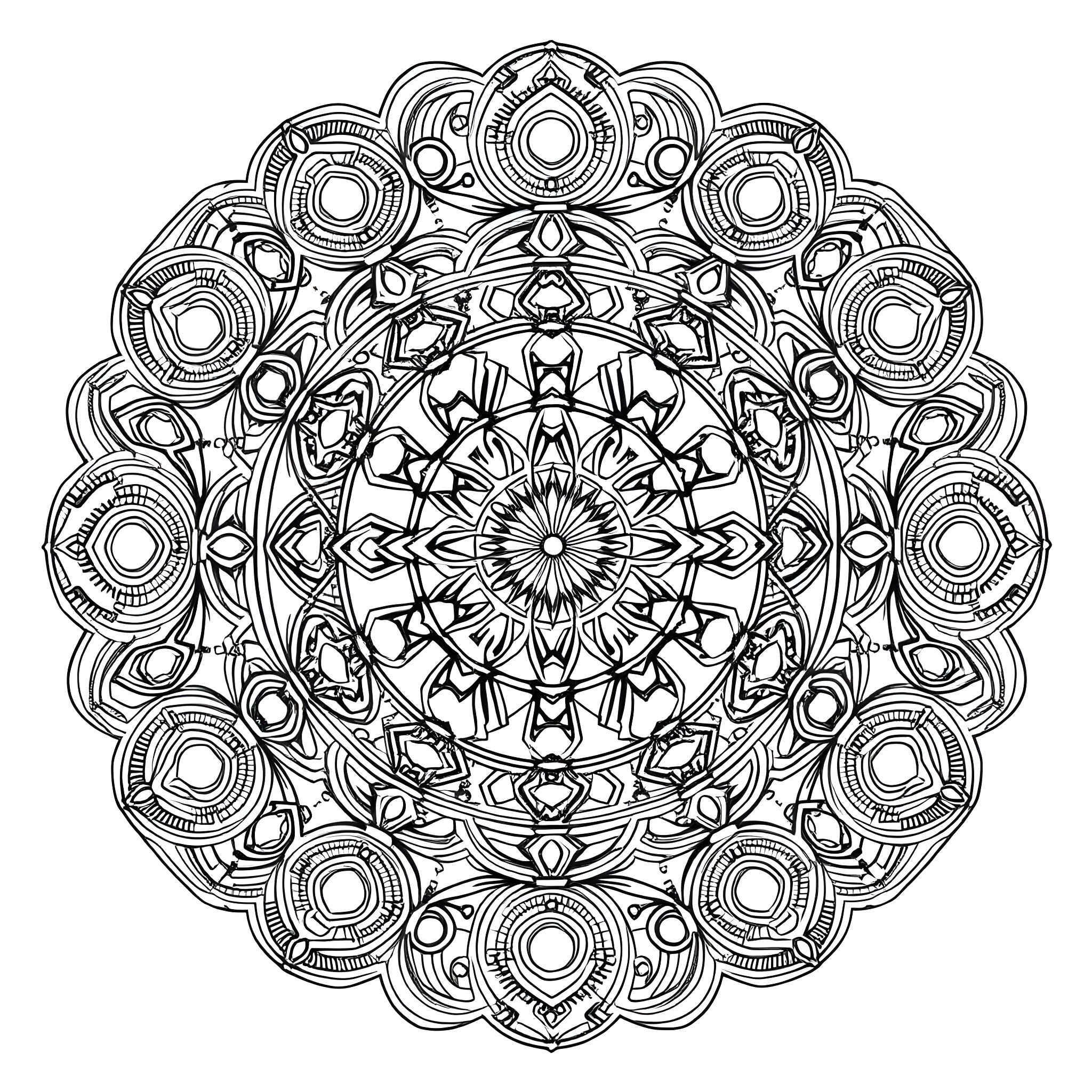 Circle of Intricate Geometric Patterns Coloring Page (free black-and-white line drawing printable PDF for all, from beginners to advanced learners, including children, teens, adults, and seniors)