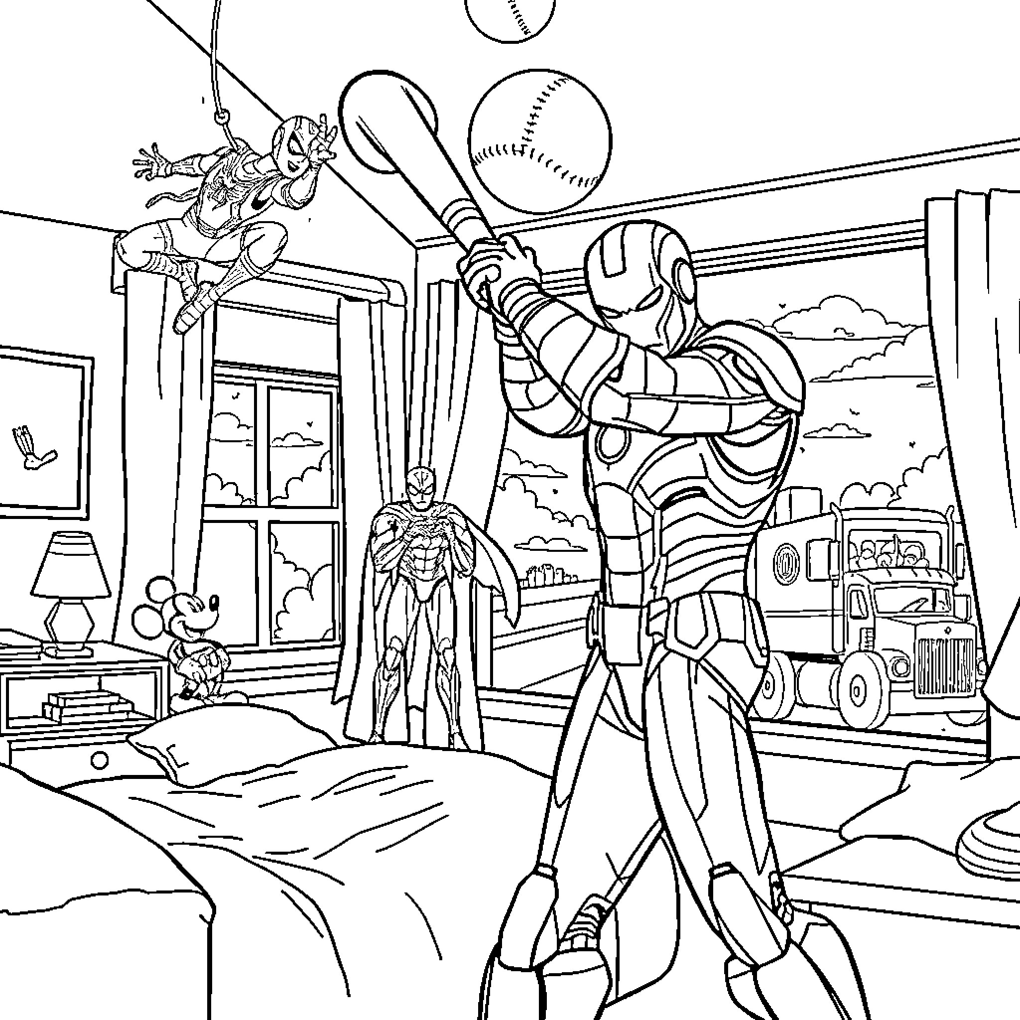 Ironman battling supervillain in an indoor setting Coloring Page (free black-and-white line drawing printable PDF for all, from beginners to advanced learners, including children, teens, adults, and seniors)