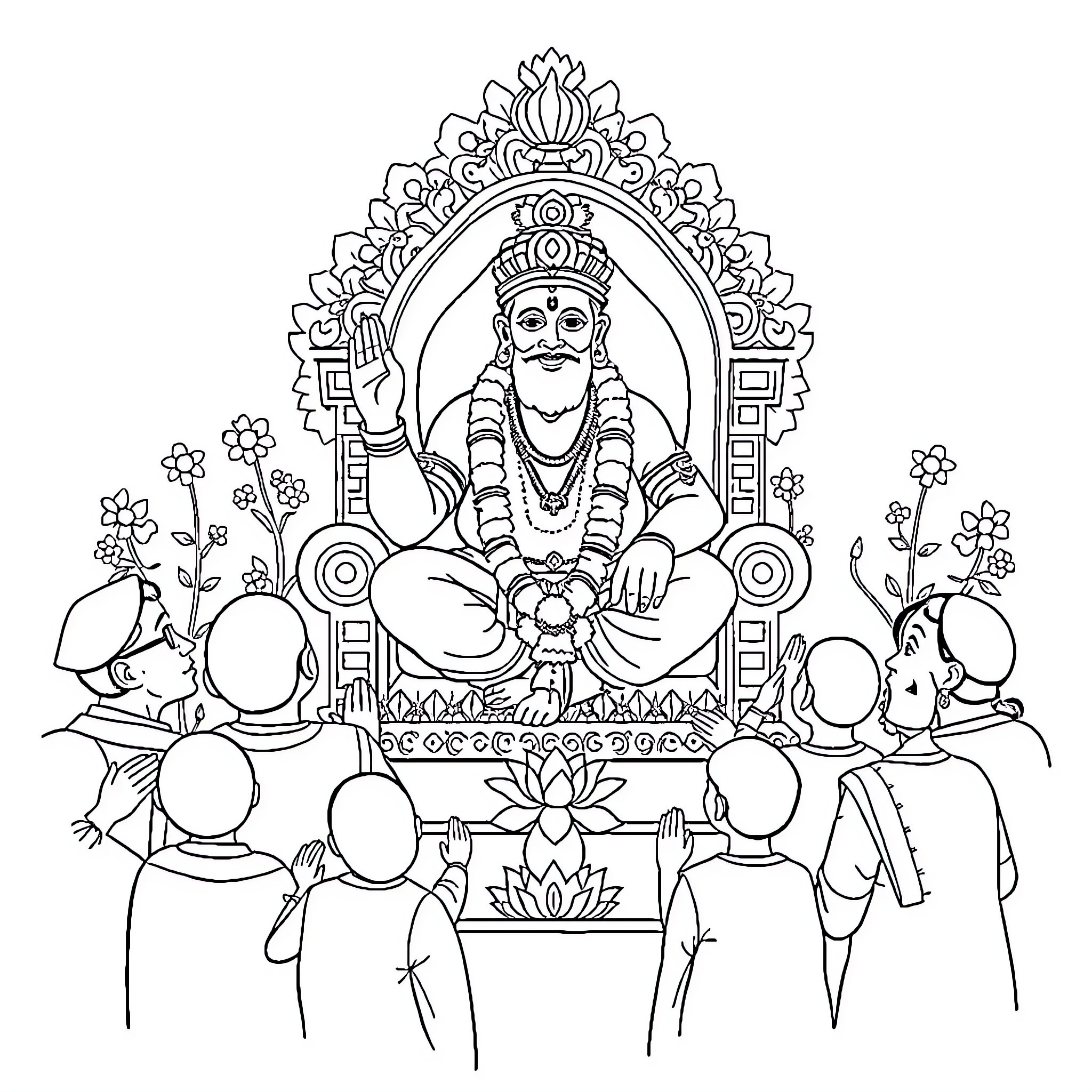Aayappa Seated on Throne Surrounded by Devotees Coloring Page (free black-and-white line drawing printable PDF for all, from beginners to advanced learners, including children, teens, adults, and seniors)