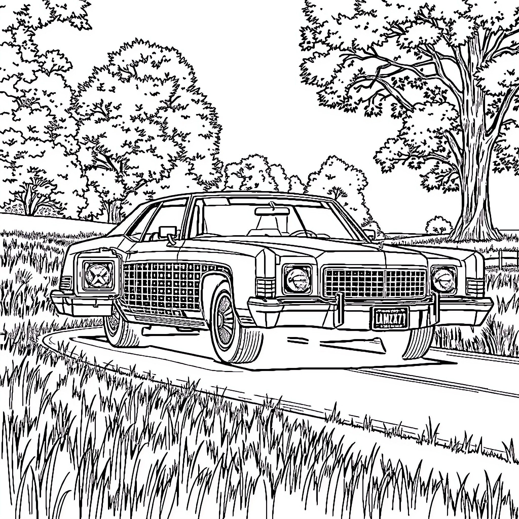 Monte Carlo vintage car in the countryside Coloring Page (free black-and-white line drawing printable PDF for all, from beginners to advanced learners, including children, teens, adults, and seniors)