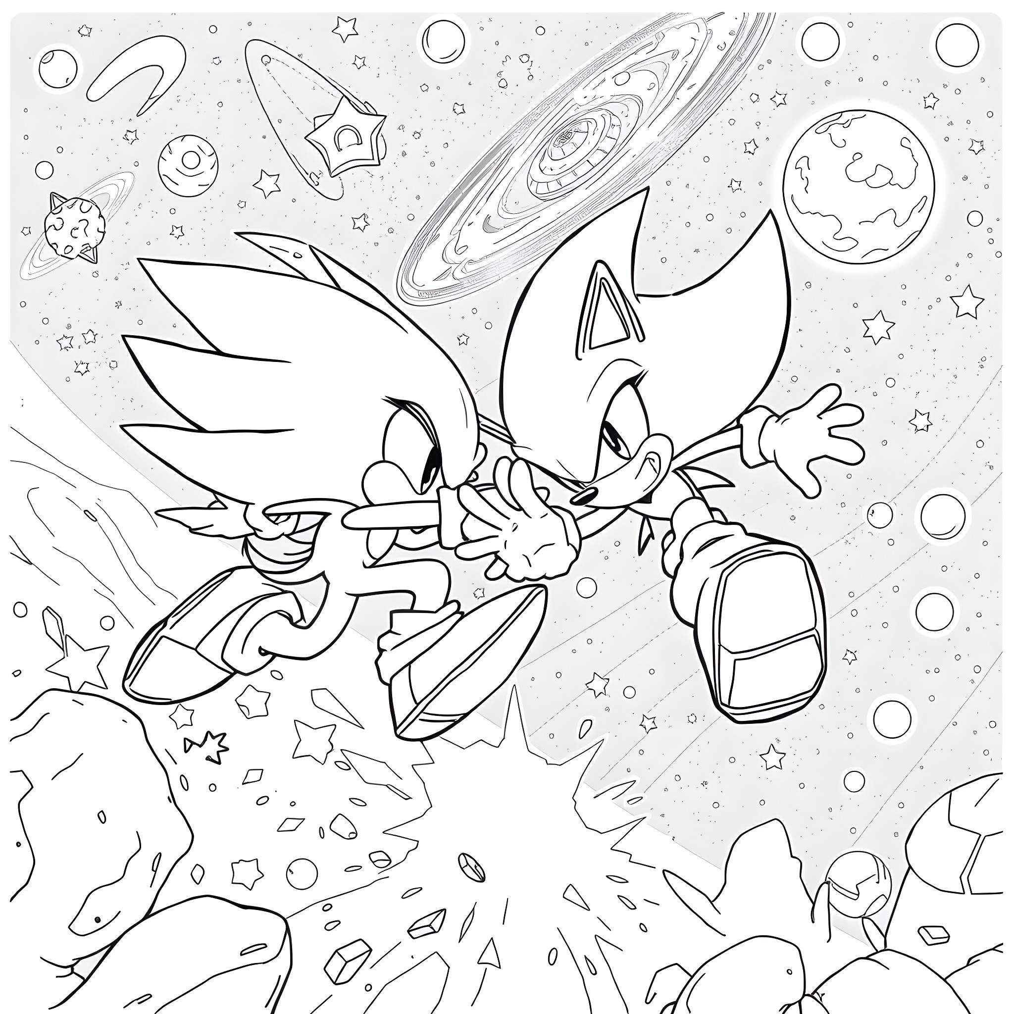 Sonic the Hedgehog in Outer Space Adventure Coloring Page (free black-and-white line drawing printable PDF for all, from beginners to advanced learners, including children, teens, adults, and seniors)