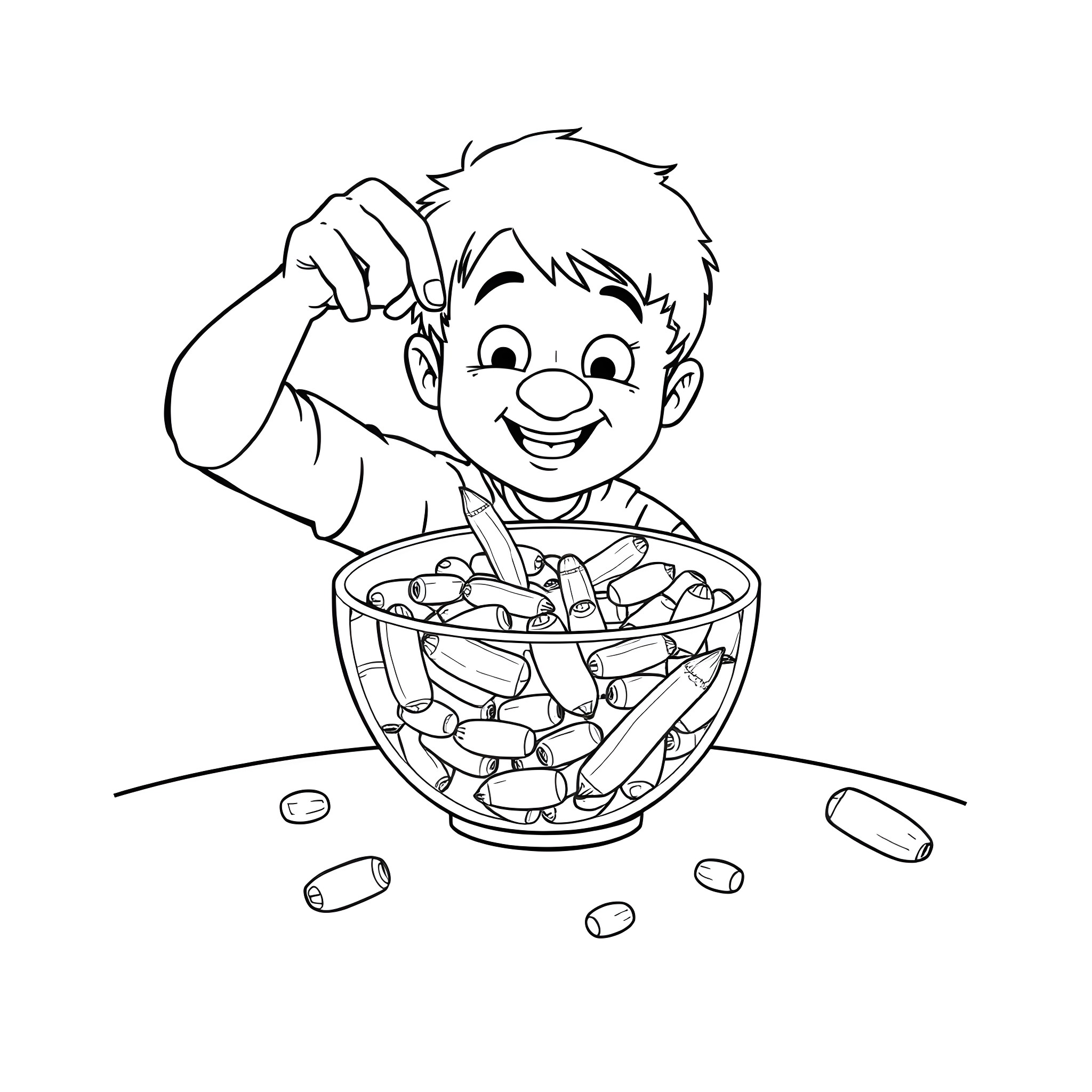 Pickle enjoying a bowl of colorful candies Coloring Page (free black-and-white line drawing printable PDF for all, from beginners to advanced learners, including children, teens, adults, and seniors)