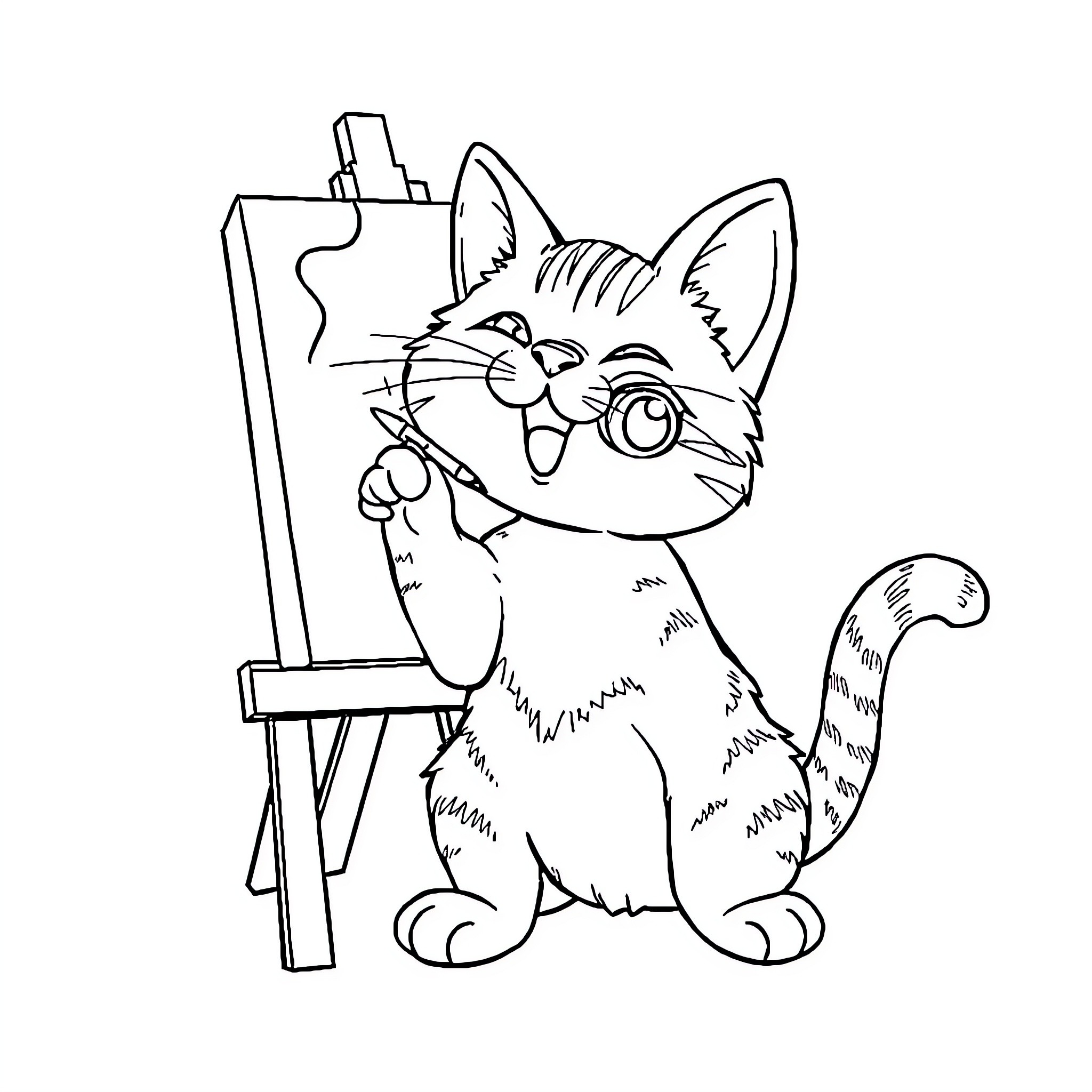 Cat painting on an easel Coloring Page (free black-and-white line drawing printable PDF for all, from beginners to advanced learners, including children, teens, adults, and seniors)