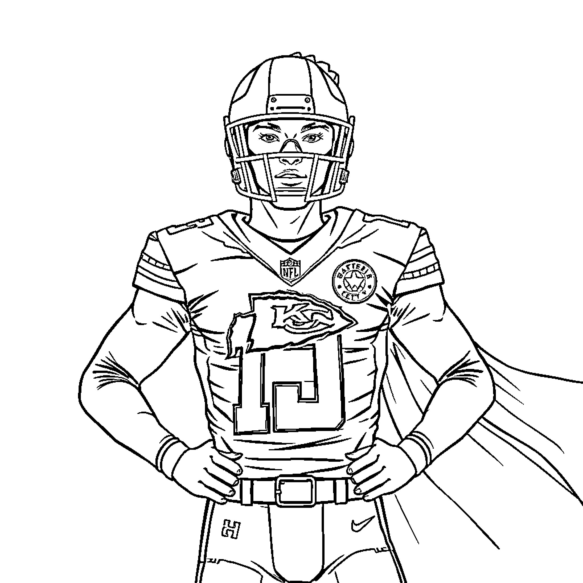 Patrick Mahomes in NFL uniform posing with confidence Coloring Page (free black-and-white line drawing printable PDF for all, from beginners to advanced learners, including children, teens, adults, and seniors)
