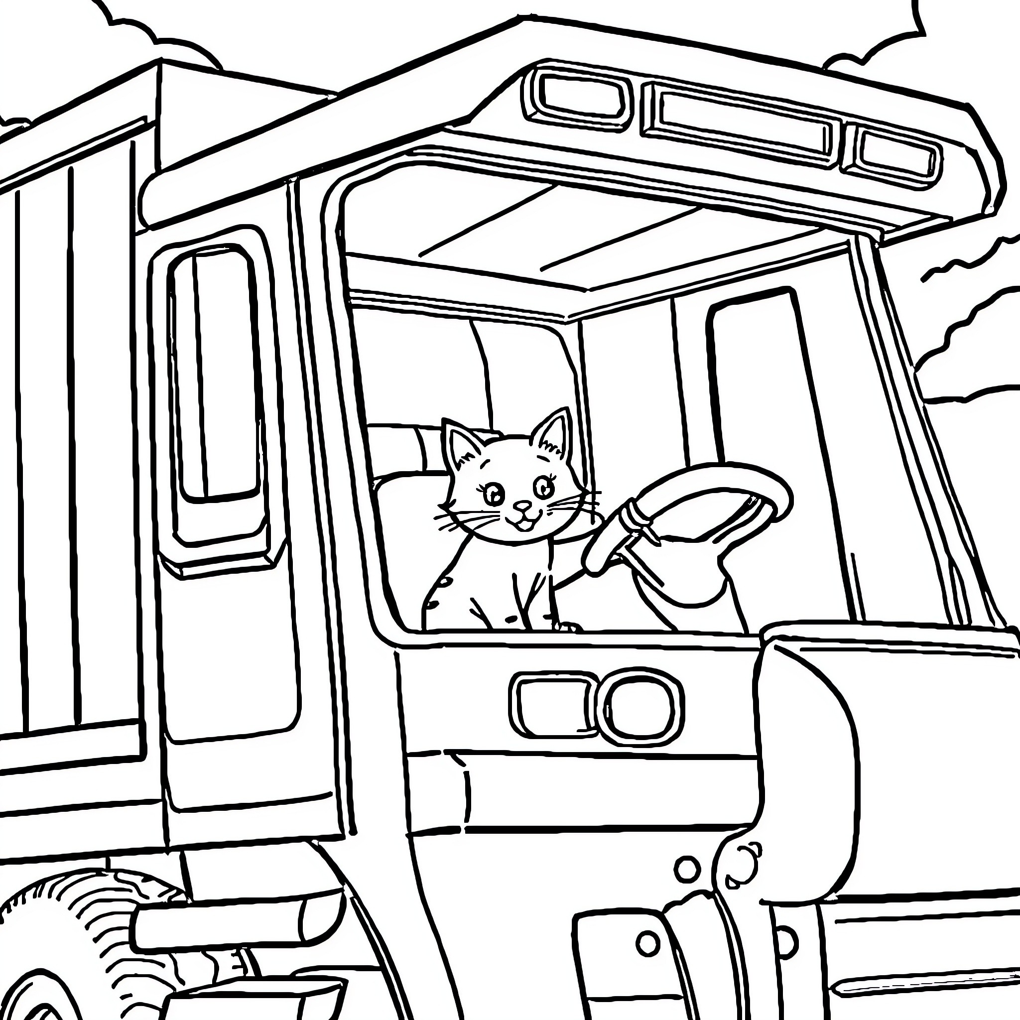 Cat Driving a Heavy Machinery Vehicle Coloring Page (free black-and-white line drawing printable PDF for all, from beginners to advanced learners, including children, teens, adults, and seniors)