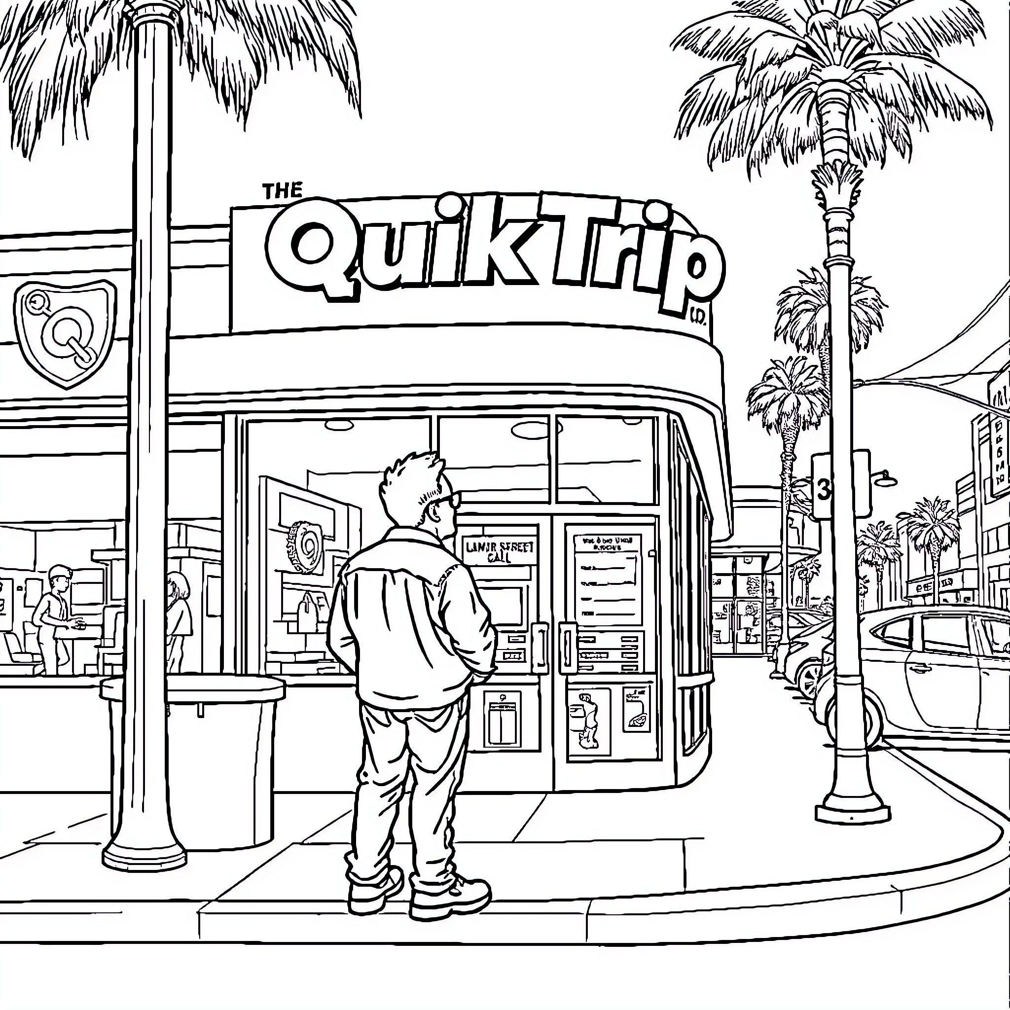 Lamar's Quick Trip at the Tropical Locale Coloring Page (free black-and-white line drawing printable PDF for all, from beginners to advanced learners, including children, teens, adults, and seniors)