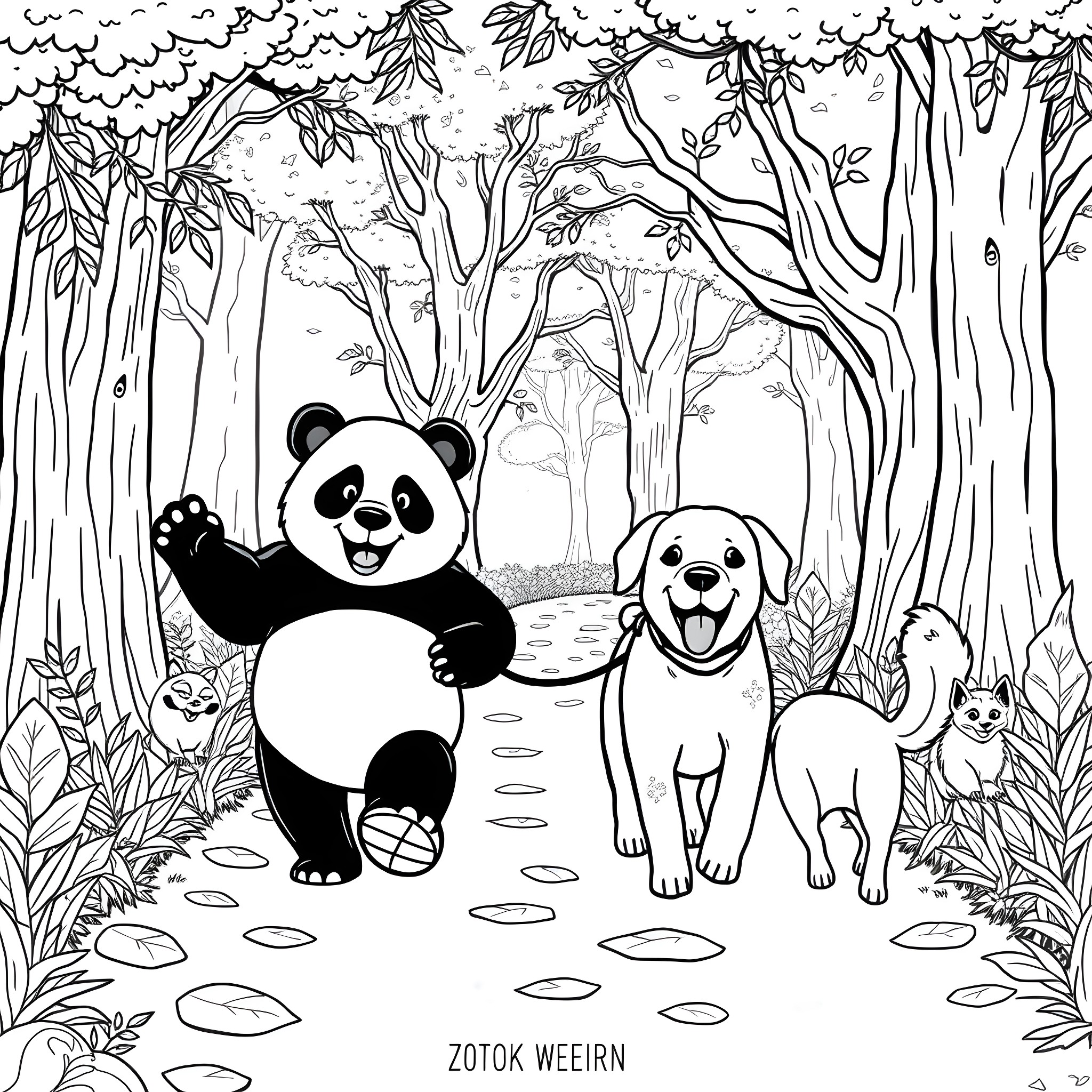 Panda and dog exploring the enchanting forest Coloring Page (free black-and-white line drawing printable PDF for all, from beginners to advanced learners, including children, teens, adults, and seniors)