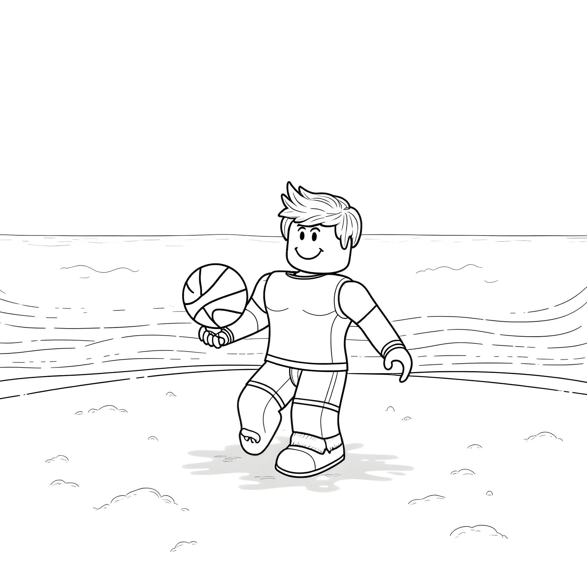 Roblox Character Playing Basketball on Beach Coloring Page (free black-and-white line drawing printable PDF for all, from beginners to advanced learners, including children, teens, adults, and seniors)