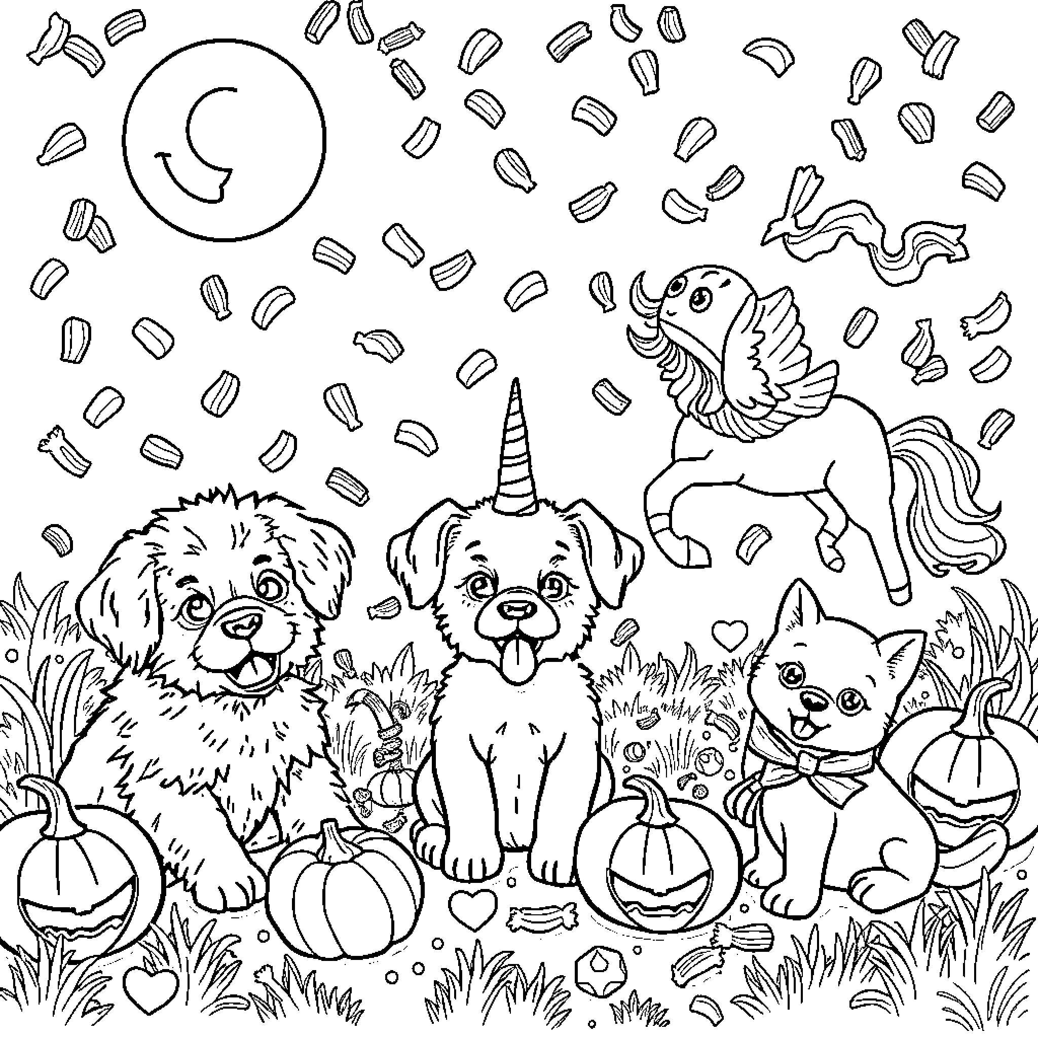 Candy-themed Animals and Unicorn in Autumn Scene Coloring Page (free black-and-white line drawing printable PDF for all, from beginners to advanced learners, including children, teens, adults, and seniors)