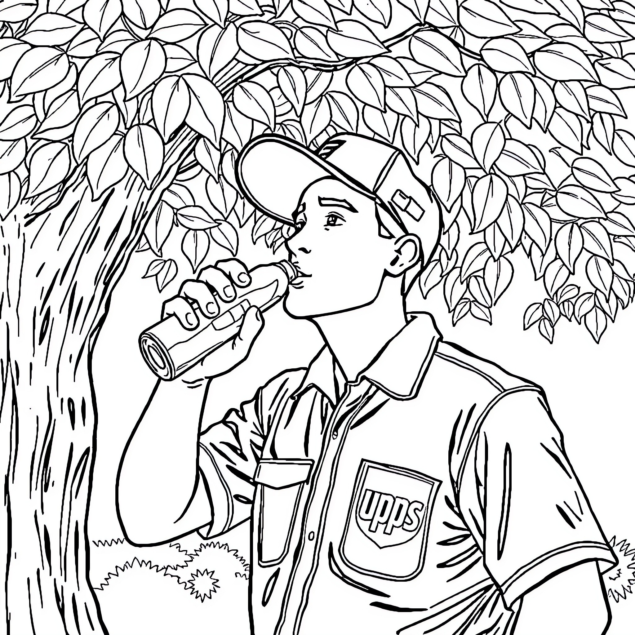 UPS Driver Takes Refreshing Break in Lush Foliage Coloring Page (free black-and-white line drawing printable PDF for all, from beginners to advanced learners, including children, teens, adults, and seniors)