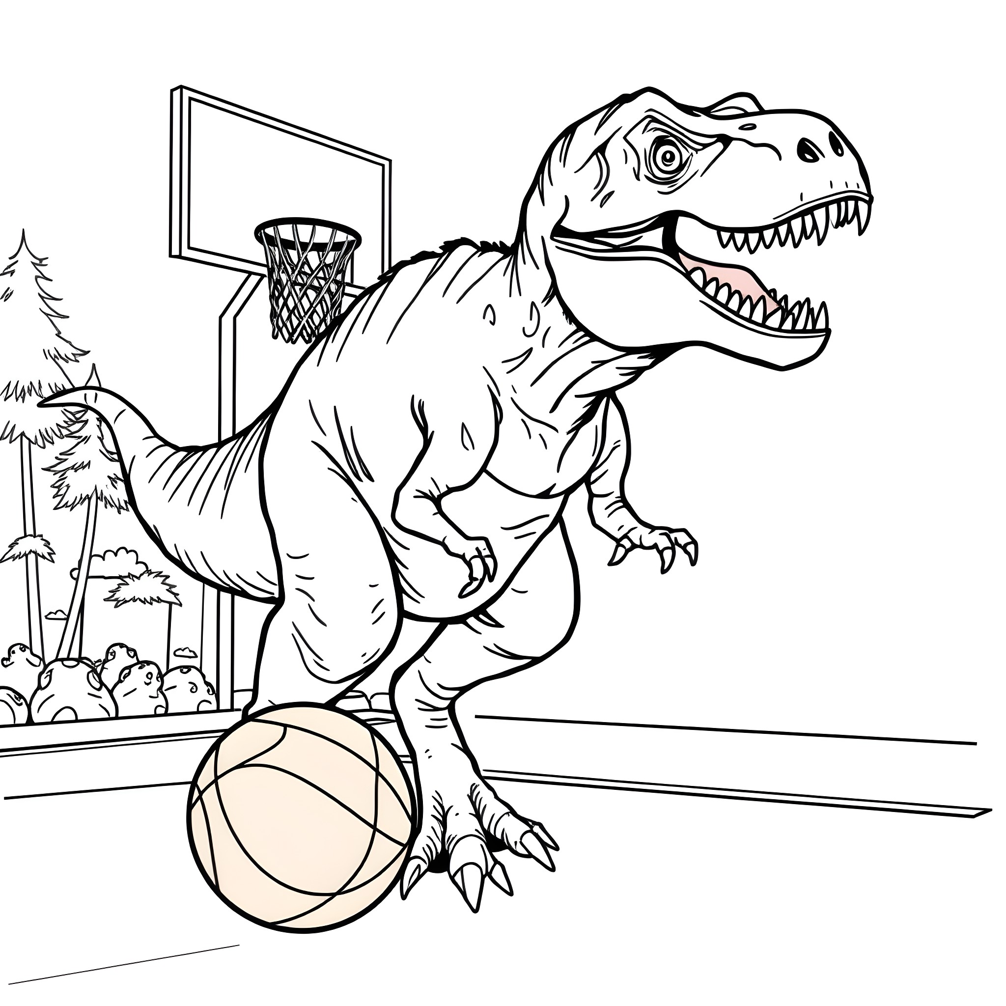Indominus Rex playing basketball in the wild Coloring Page (free black-and-white line drawing printable PDF for all, from beginners to advanced learners, including children, teens, adults, and seniors)