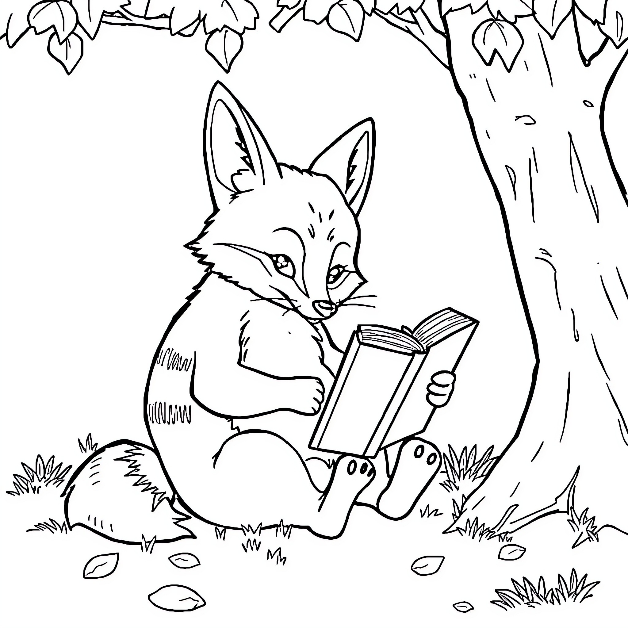 Fox reading a book in the forest Coloring Page (free black-and-white line drawing printable PDF for all, from beginners to advanced learners, including children, teens, adults, and seniors)