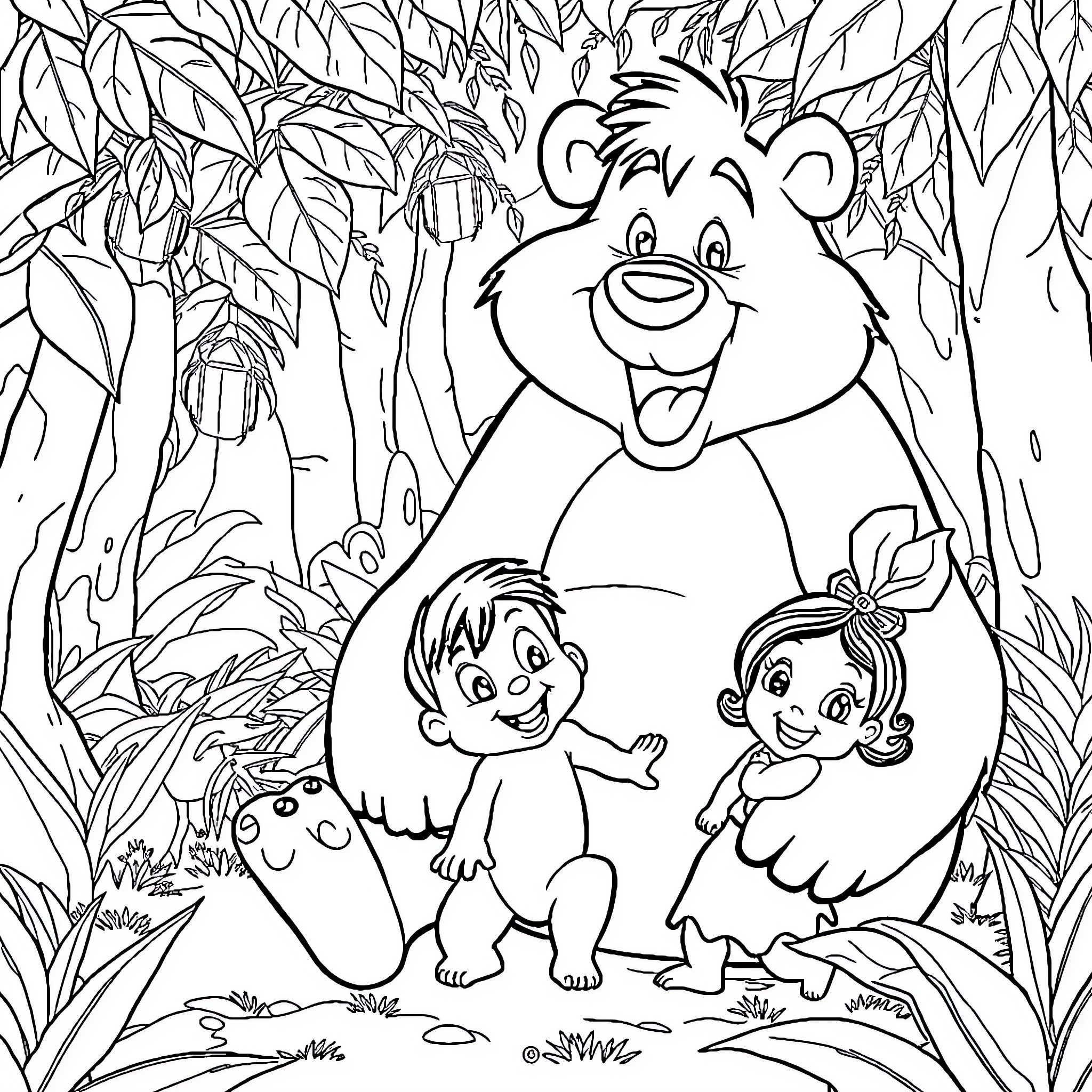 Baloo the Bear's Jungle Adventure with Kids Coloring Page (free black-and-white line drawing printable PDF for all, from beginners to advanced learners, including children, teens, adults, and seniors)