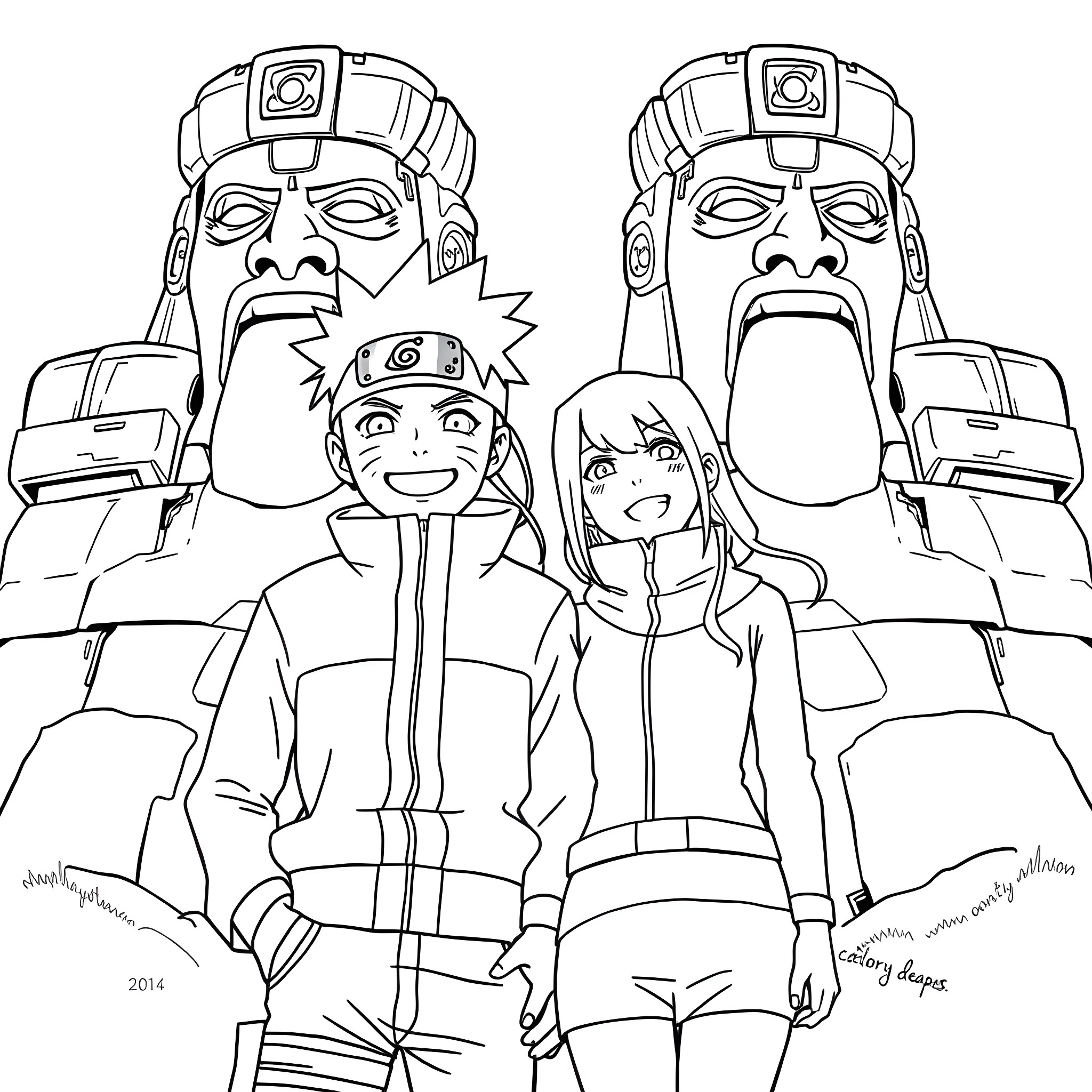 Naruto and Friends Facing Powerful Figures Coloring Page (free black-and-white line drawing printable PDF for all, from beginners to advanced learners, including children, teens, adults, and seniors)