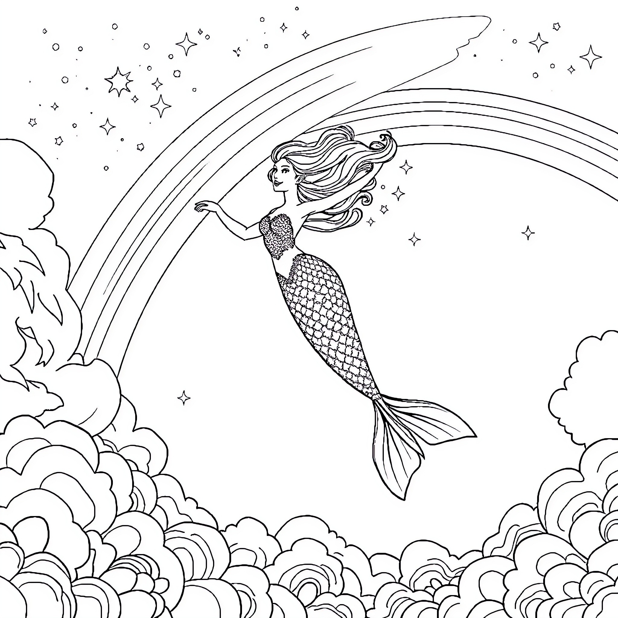Mermaid swimming through starry night sky Coloring Page (free black-and-white line drawing printable PDF for all, from beginners to advanced learners, including children, teens, adults, and seniors)