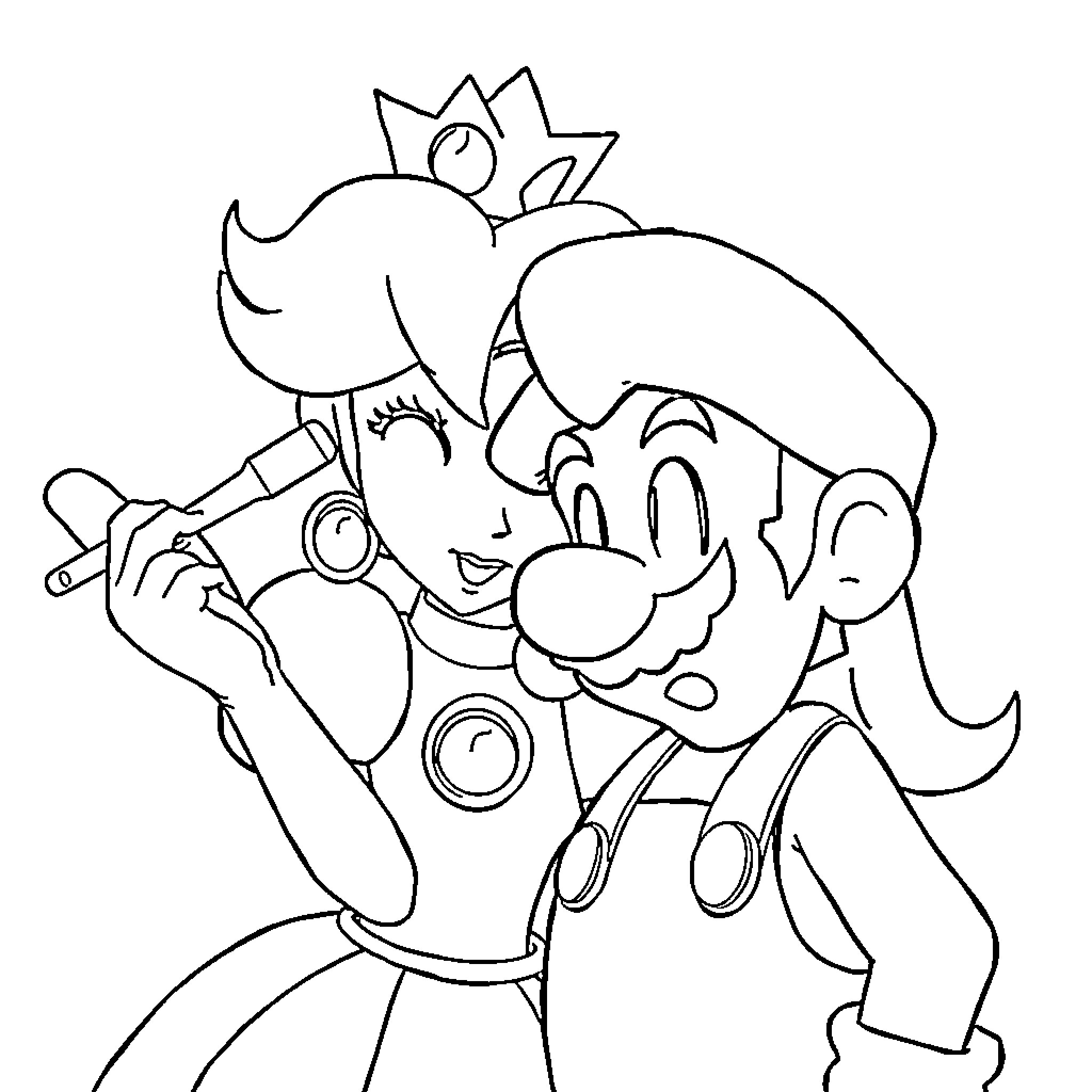 Peach and Mario enjoying a playful moment Coloring Page (free black-and-white line drawing printable PDF for all, from beginners to advanced learners, including children, teens, adults, and seniors)