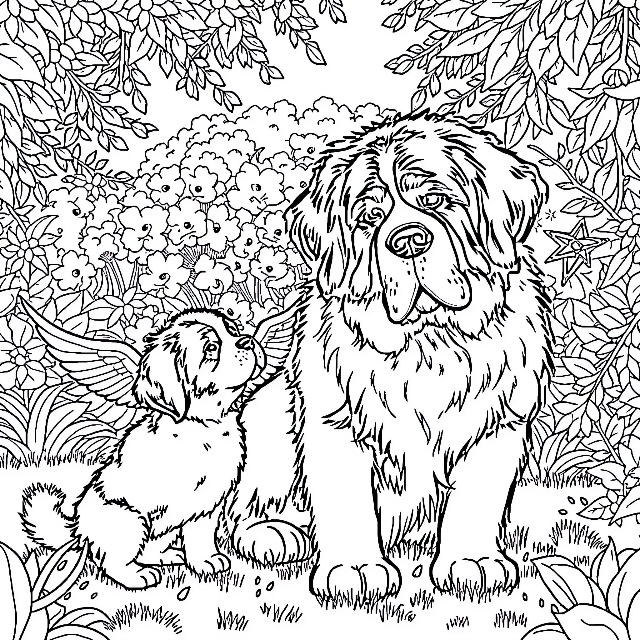 Saint Bernard dogs in a floral garden Coloring Page (free black-and-white line drawing printable PDF for all, from beginners to advanced learners, including children, teens, adults, and seniors)