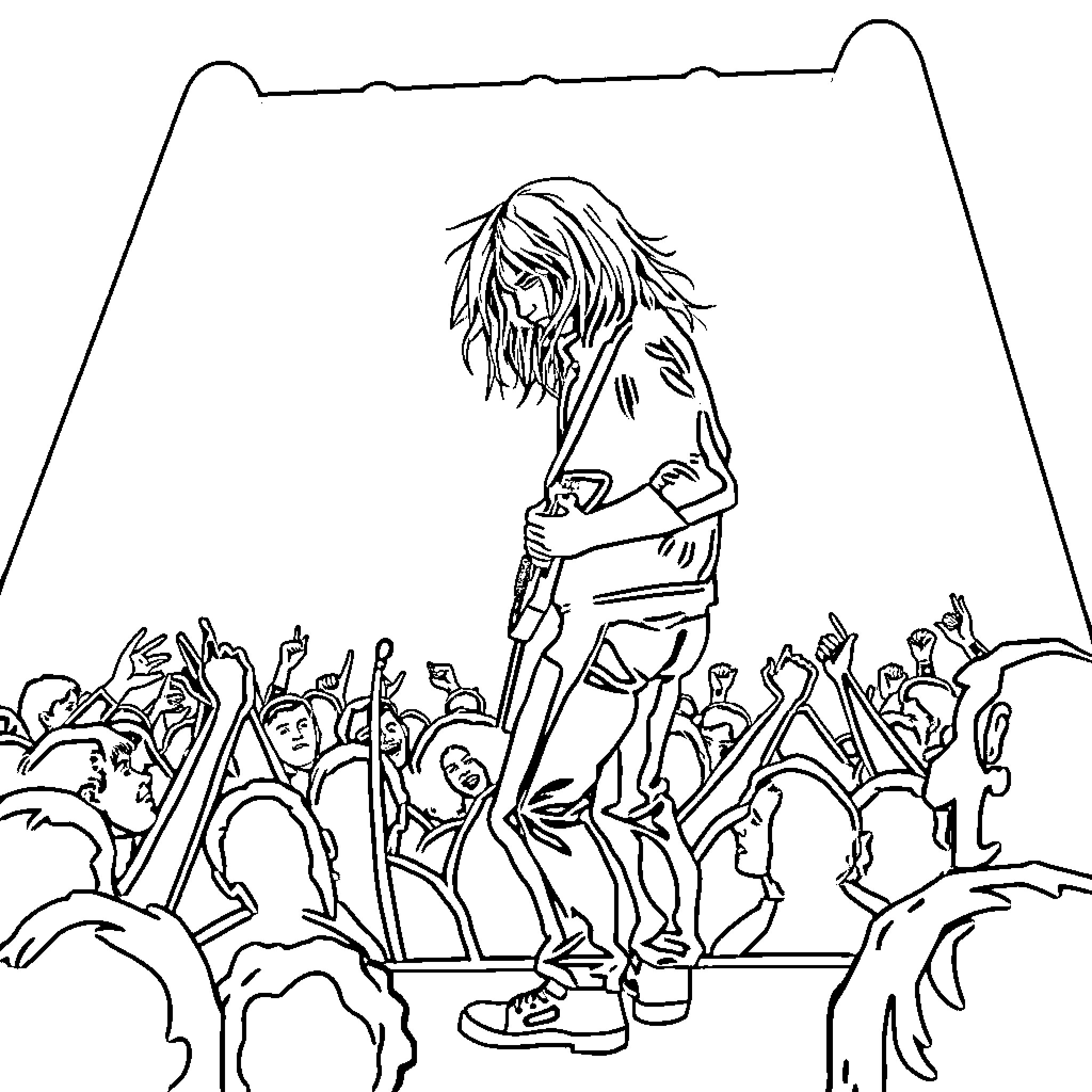 Kurt Cobain performing on stage with a crowd Coloring Page (free black-and-white line drawing printable PDF for all, from beginners to advanced learners, including children, teens, adults, and seniors)