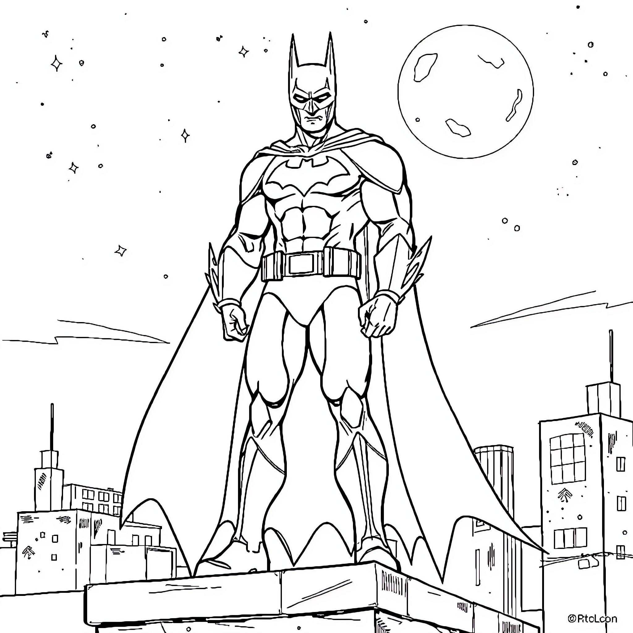 Batman standing heroically in the night sky Coloring Page (free black-and-white line drawing printable PDF for all, from beginners to advanced learners, including children, teens, adults, and seniors)