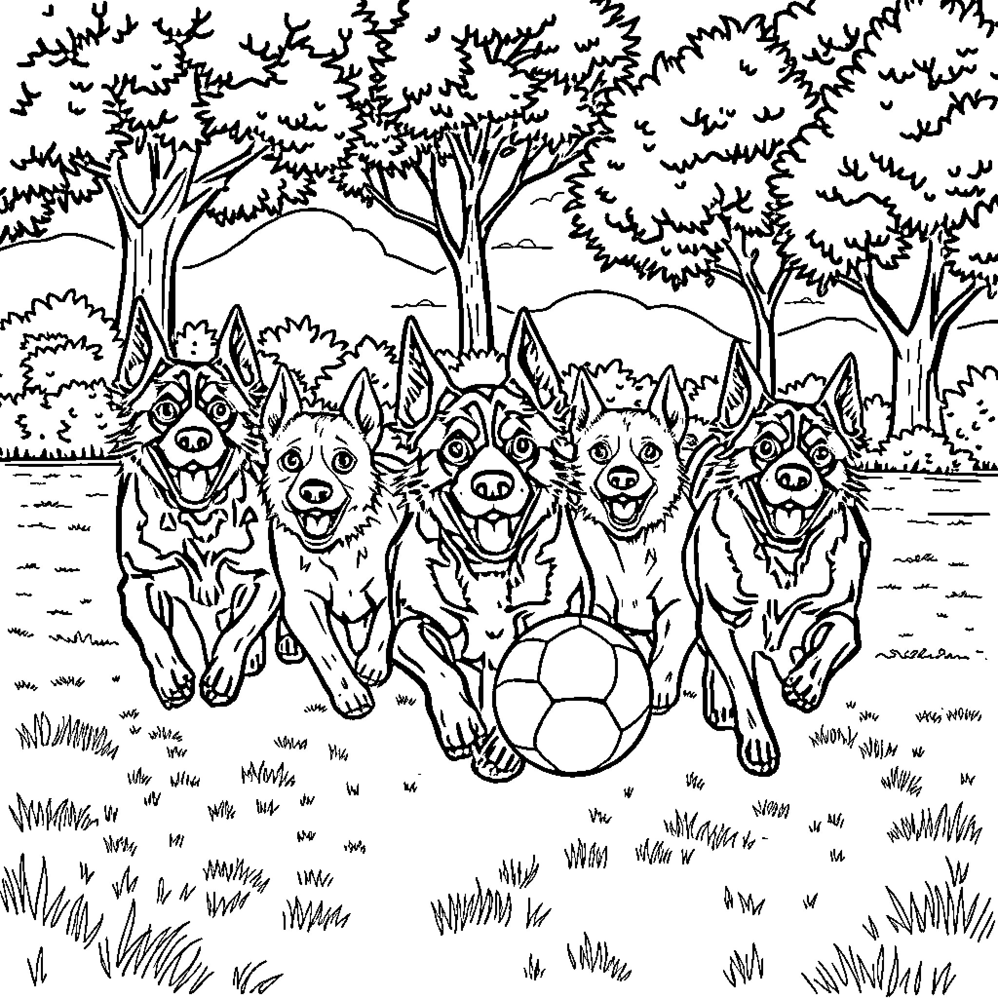 Dogs playing with a ball in the park Coloring Page (free black-and-white line drawing printable PDF for all, from beginners to advanced learners, including children, teens, adults, and seniors)