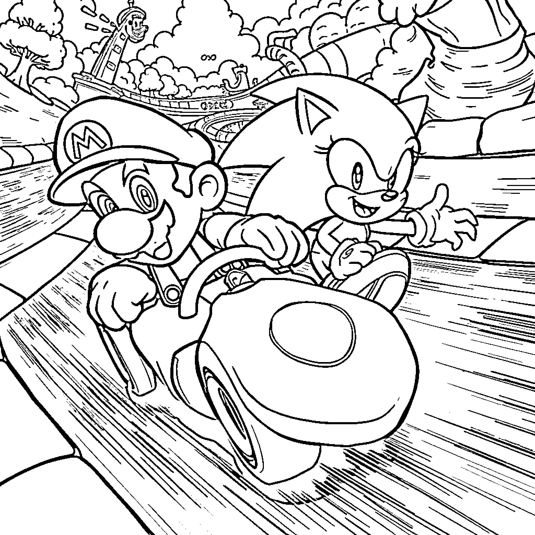 Mario and Sonic racing through the countryside Coloring Page (free black-and-white line drawing printable PDF for all, from beginners to advanced learners, including children, teens, adults, and seniors)