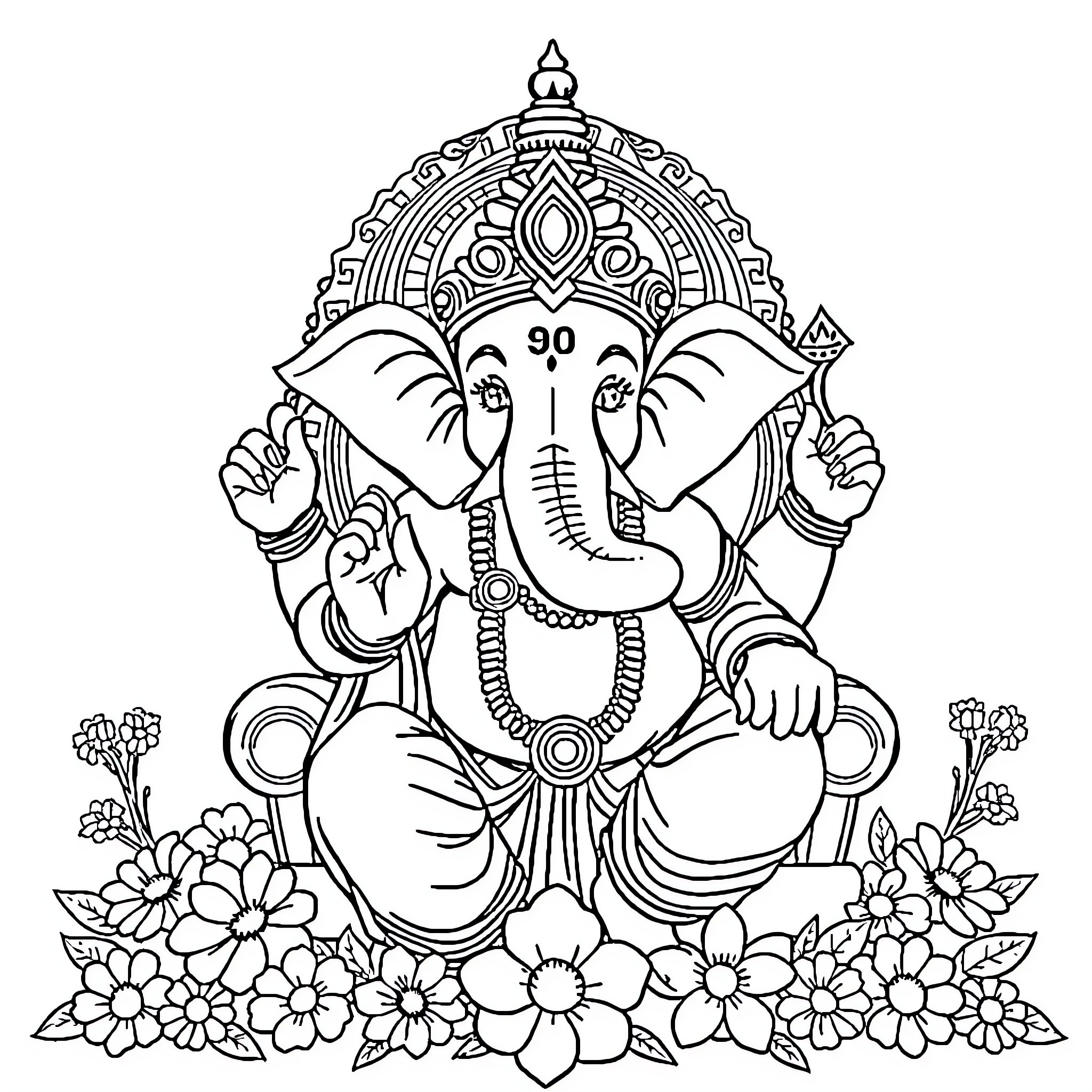 Ganesh Meditating Amid Floral Decor Coloring Page (free black-and-white line drawing printable PDF for all, from beginners to advanced learners, including children, teens, adults, and seniors)