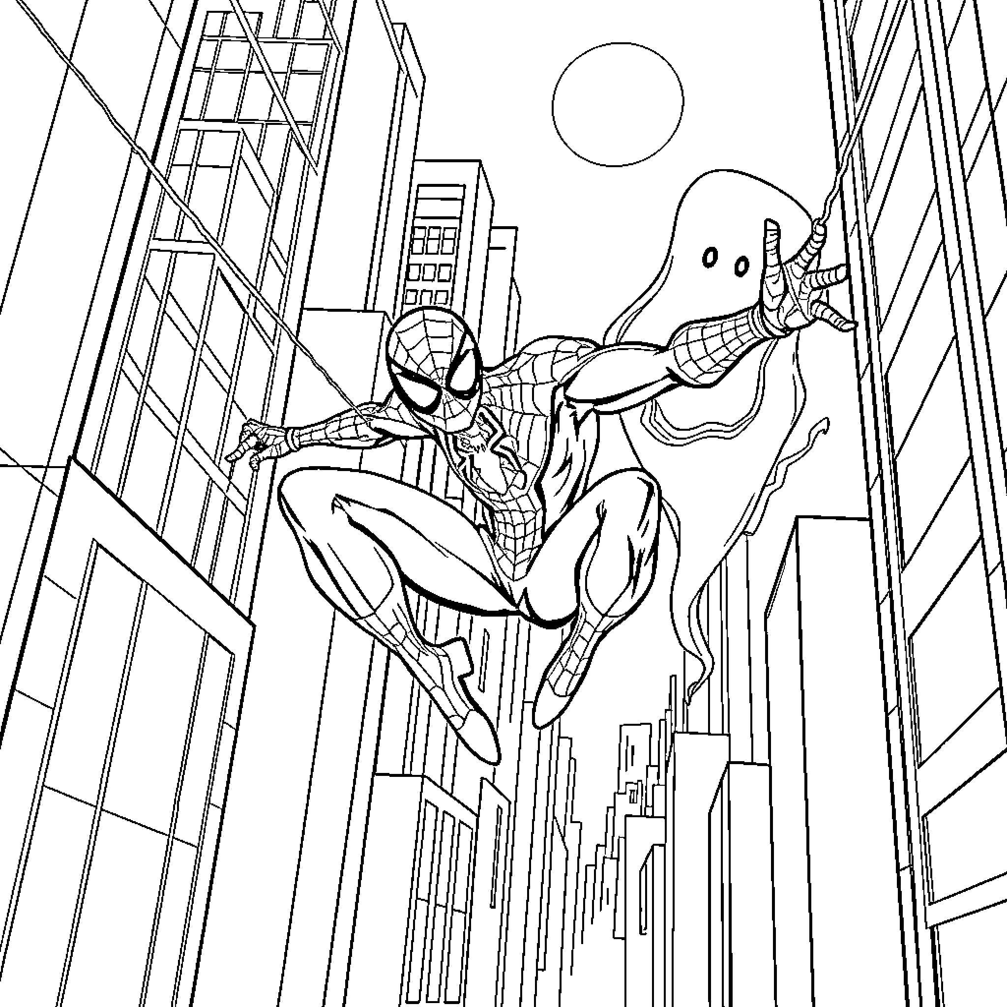 Spider-Man swinging through the city skyline Coloring Page (free black-and-white line drawing printable PDF for all, from beginners to advanced learners, including children, teens, adults, and seniors)