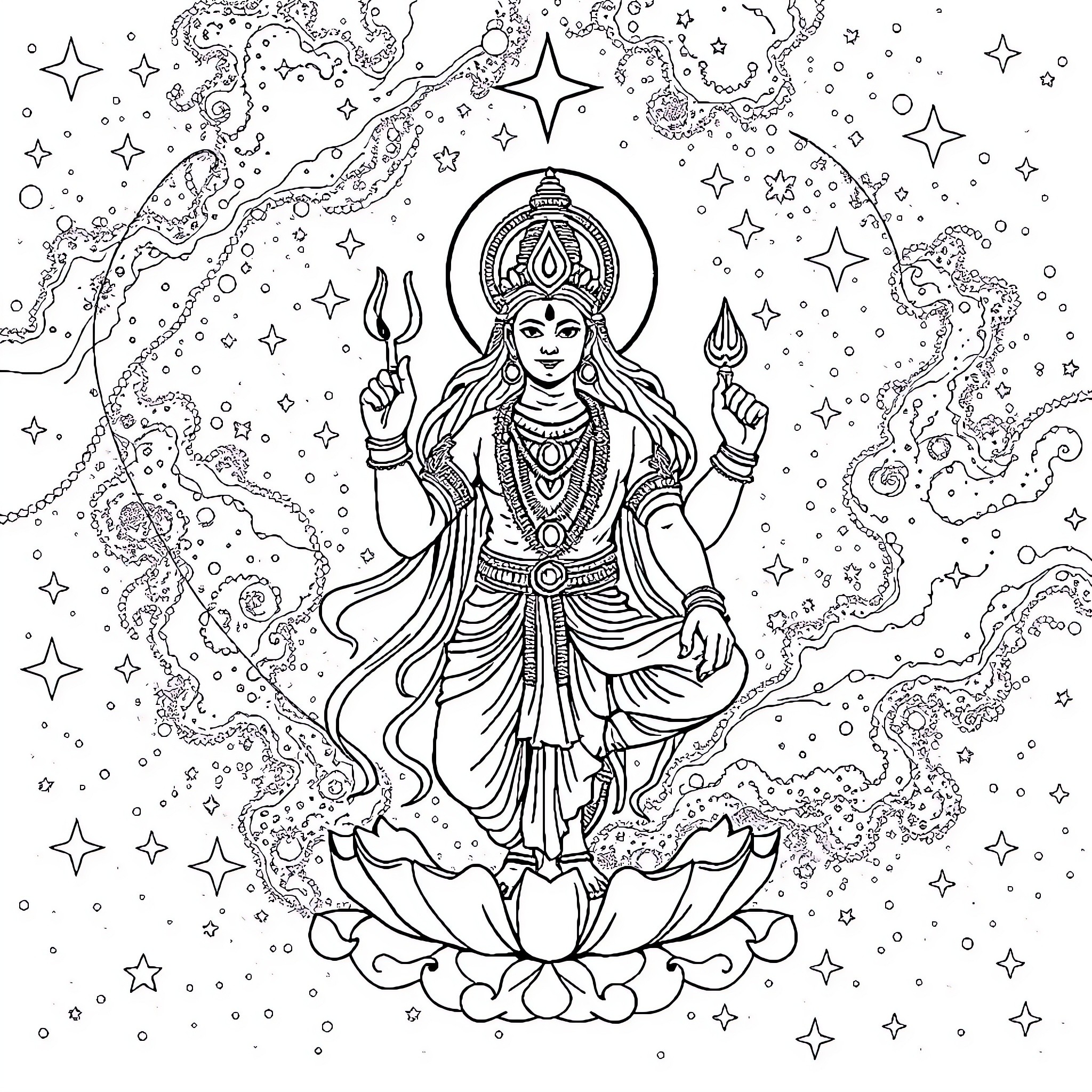 Saraswati, the goddess of knowledge and arts, sitting on a lotus Coloring Page (free black-and-white line drawing printable PDF for all, from beginners to advanced learners, including children, teens, adults, and seniors)