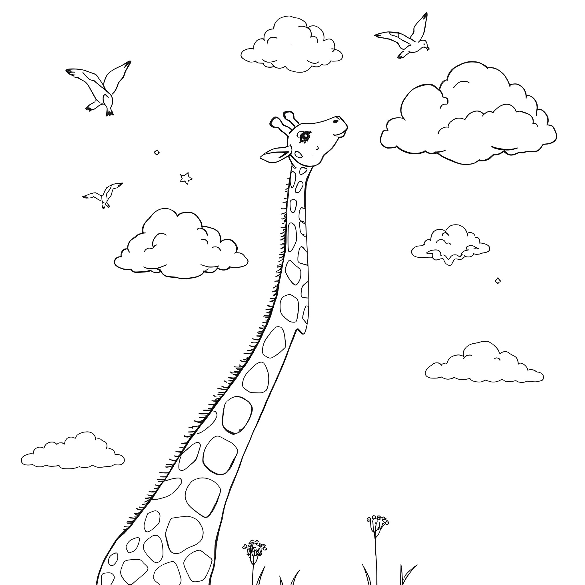 Giraffe in the clouds with birds Coloring Page (free black-and-white line drawing printable PDF for all, from beginners to advanced learners, including children, teens, adults, and seniors)
