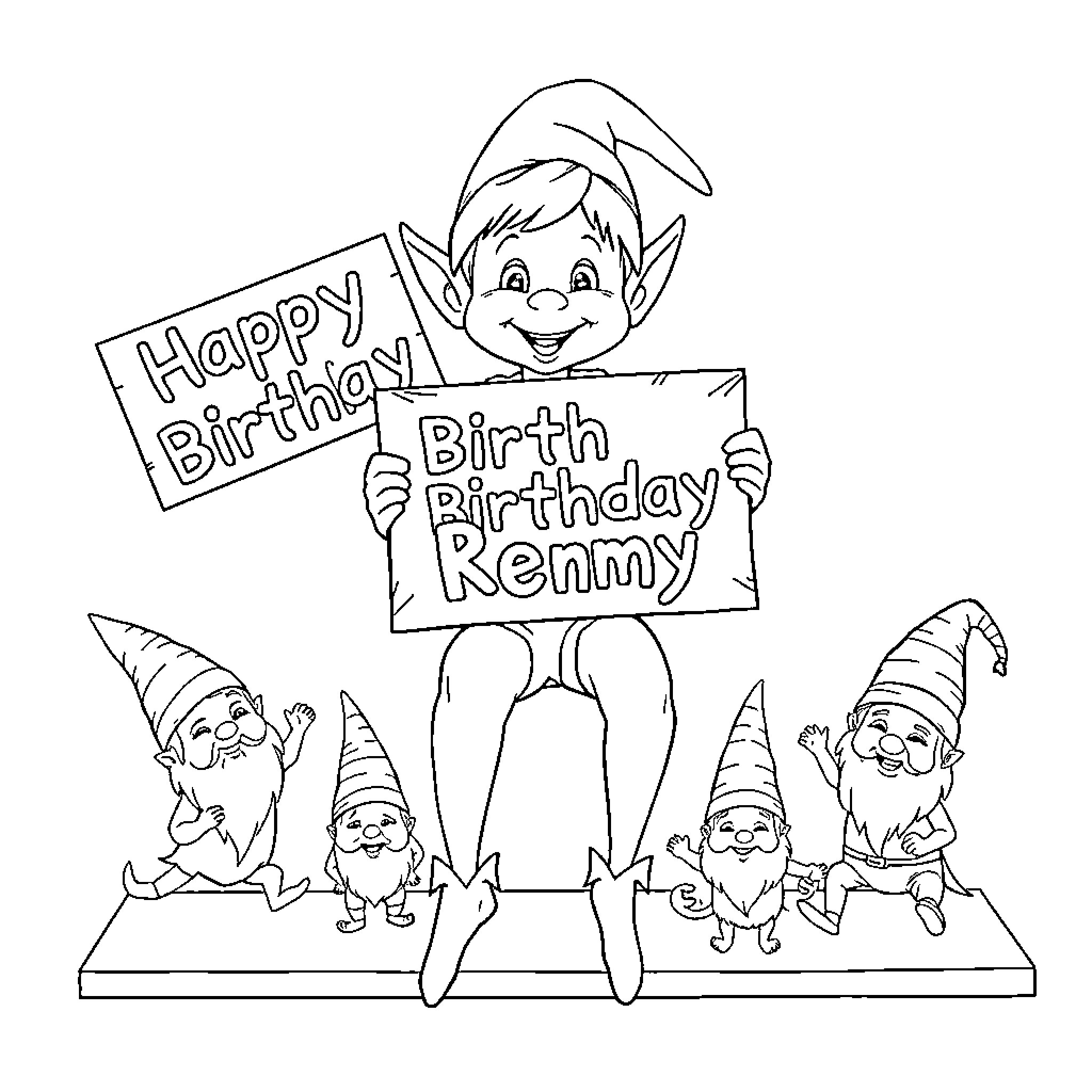 Elf celebrating a birthday with gnomes Coloring Page (free black-and-white line drawing printable PDF for all, from beginners to advanced learners, including children, teens, adults, and seniors)