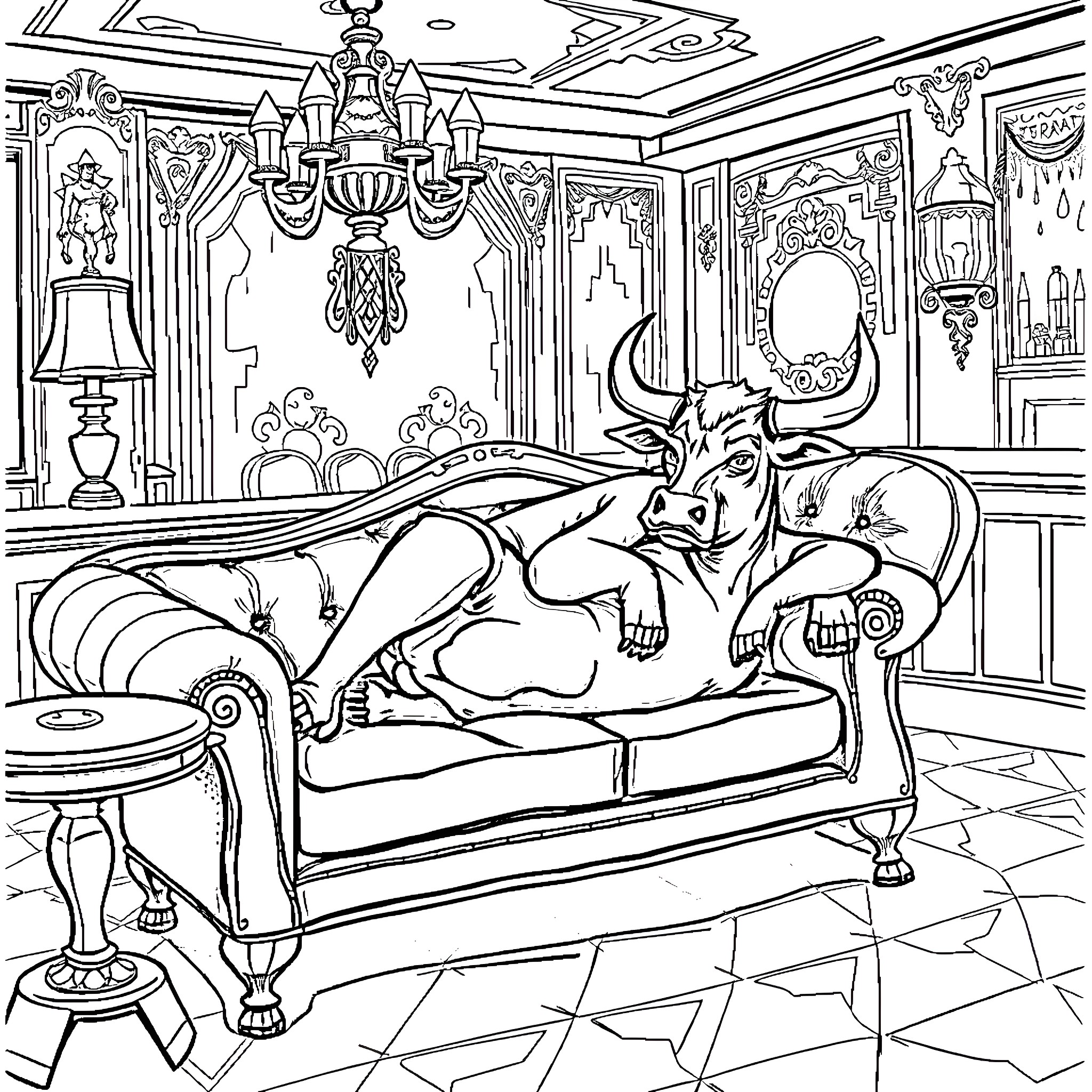 Cow relaxing on a luxurious couch in an elegant room Coloring Page (free black-and-white line drawing printable PDF for all, from beginners to advanced learners, including children, teens, adults, and seniors)