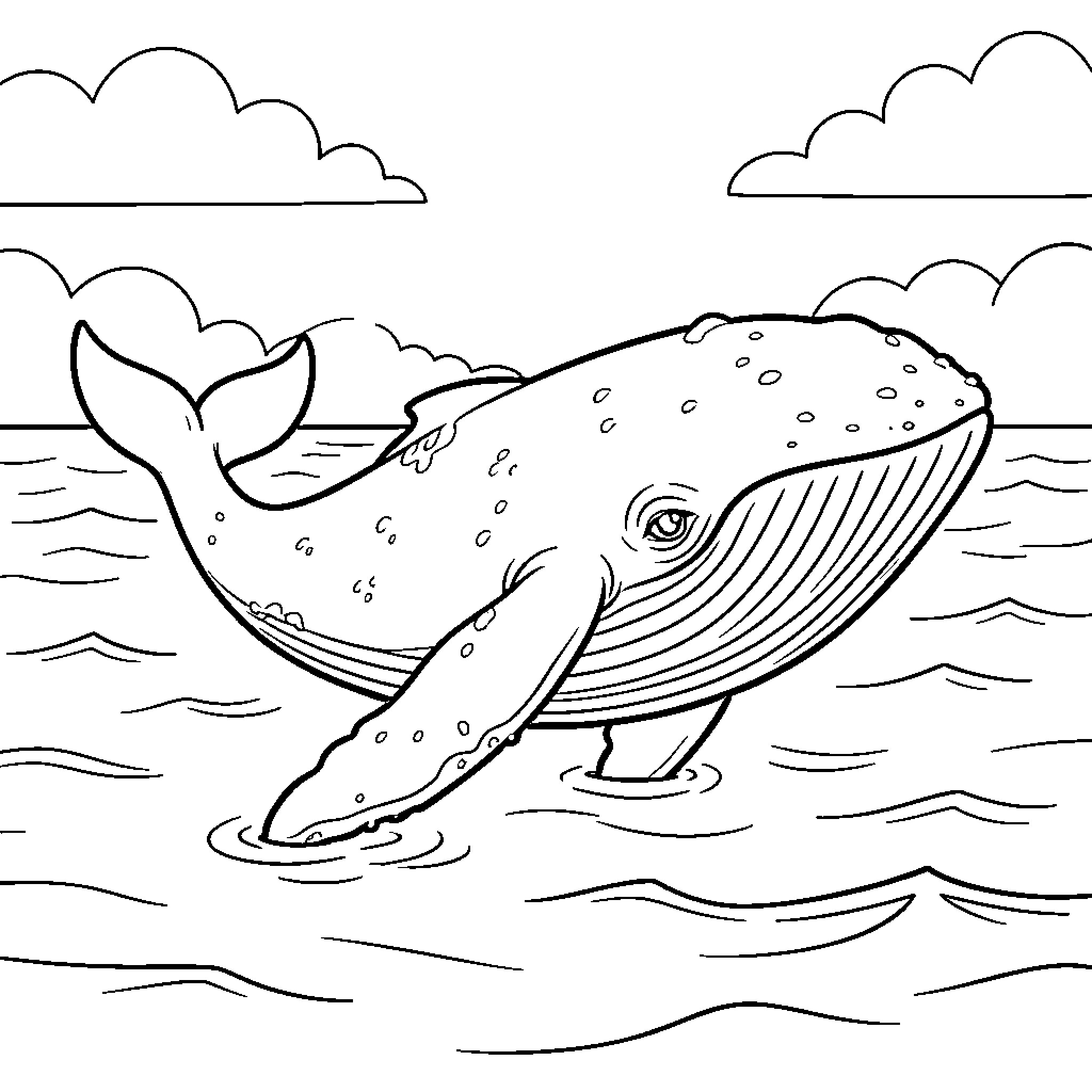 Whale swimming gracefully through the ocean waves Coloring Page (free black-and-white line drawing printable PDF for all, from beginners to advanced learners, including children, teens, adults, and seniors)