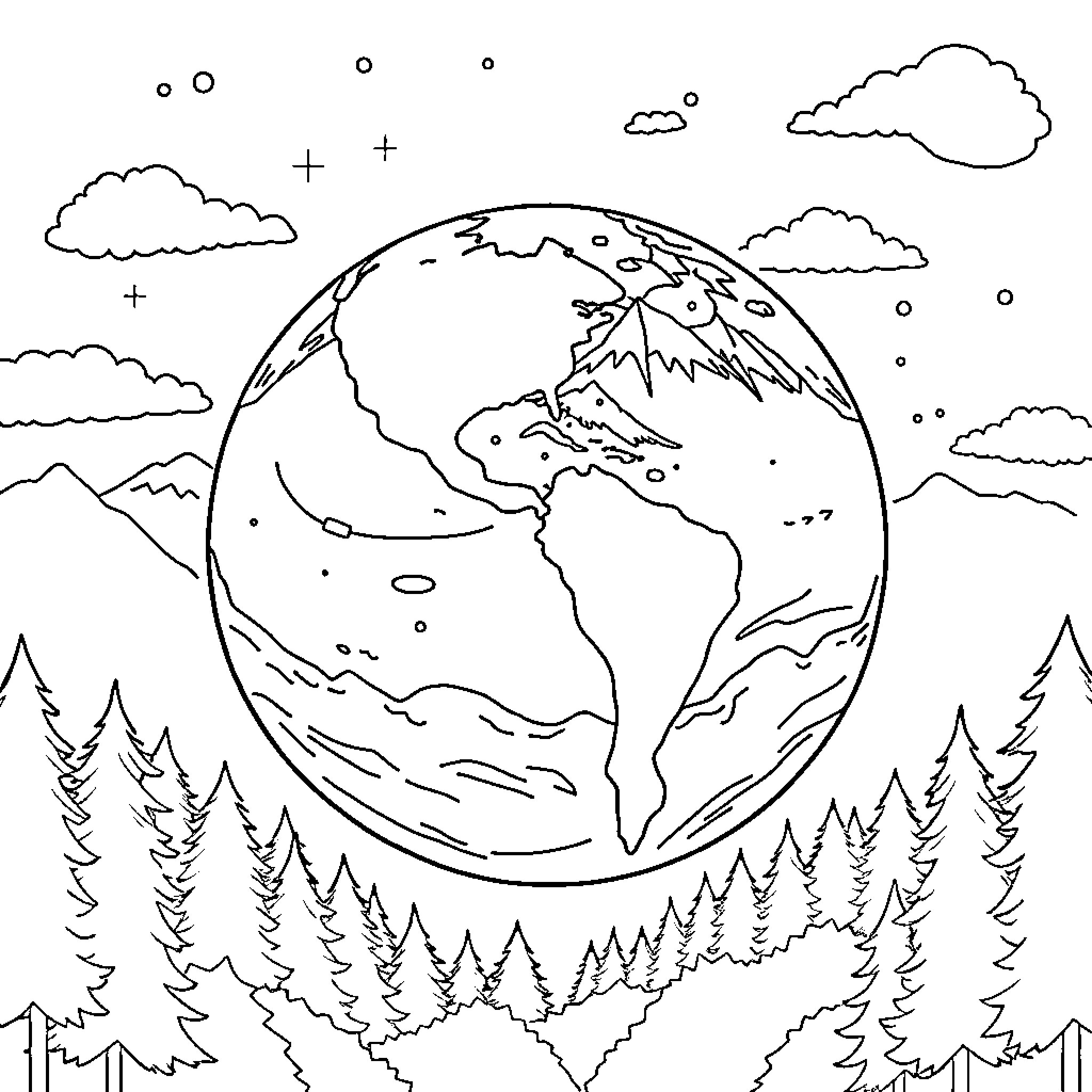 Earth surrounded by clouds and forests Coloring Page (free black-and-white line drawing printable PDF for all, from beginners to advanced learners, including children, teens, adults, and seniors)