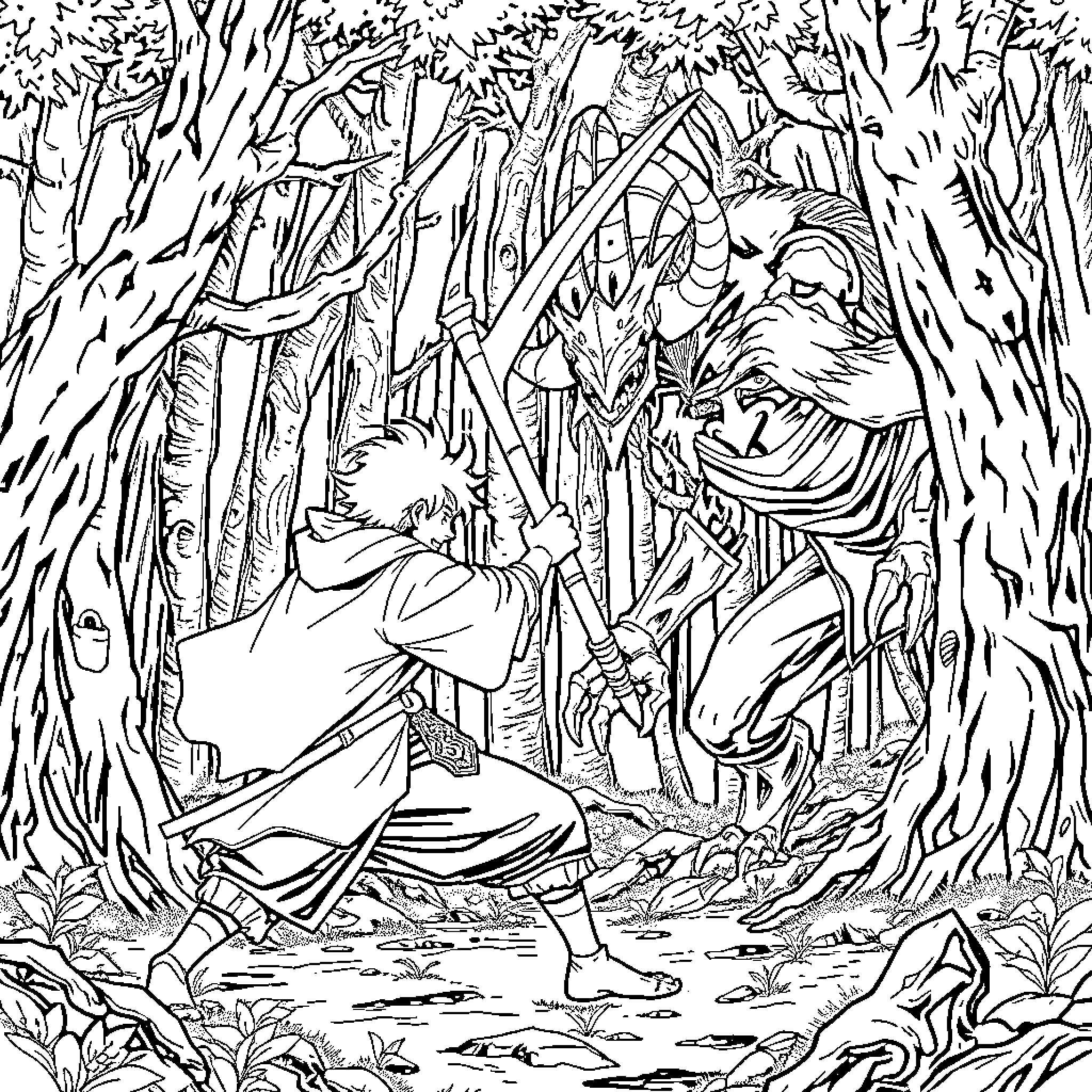 Tanjiro's Encounter in the Mysterious Forest Coloring Page (free black-and-white line drawing printable PDF for all, from beginners to advanced learners, including children, teens, adults, and seniors)