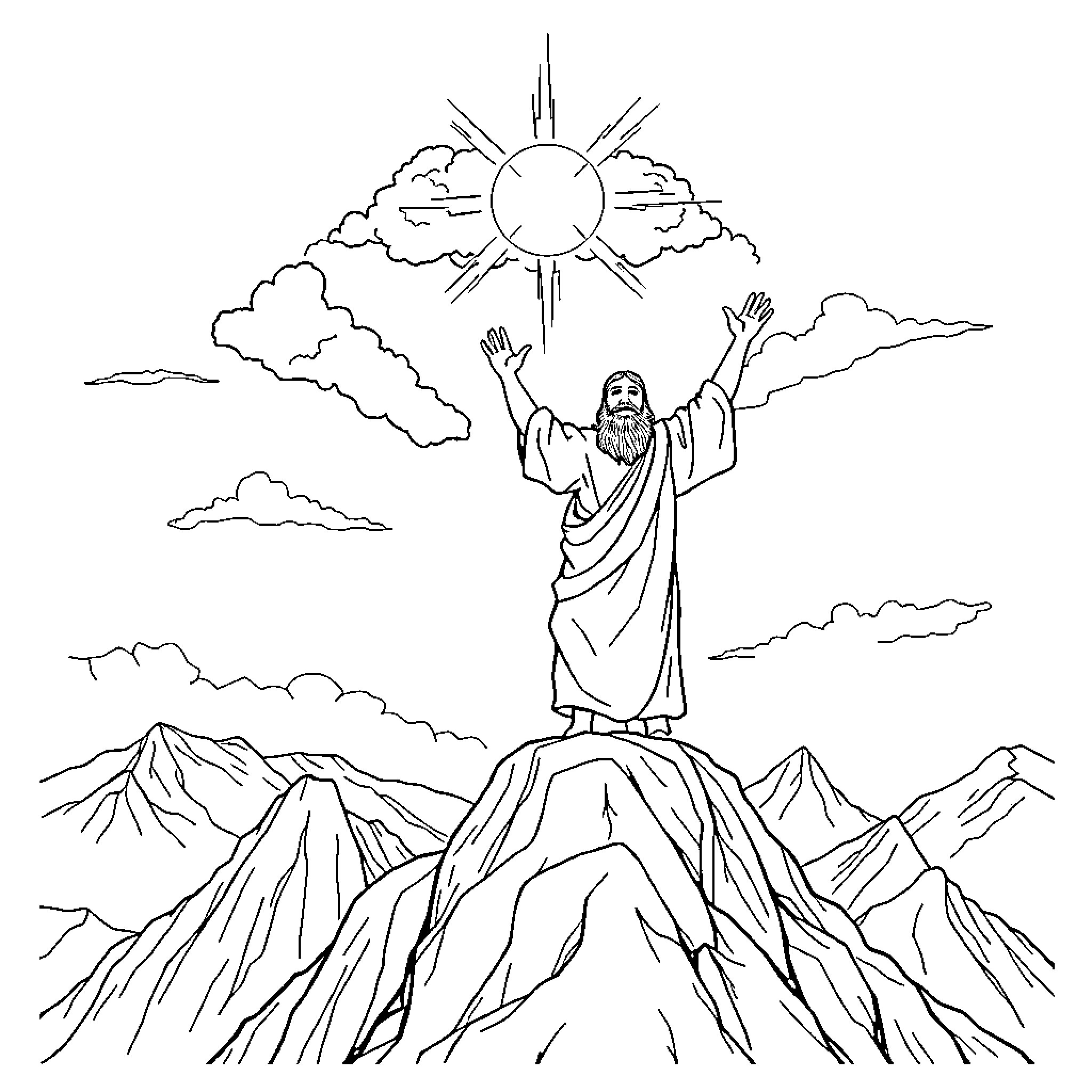 Moses Proclaiming the Word of God on the Mountain Coloring Page (free black-and-white line drawing printable PDF for all, from beginners to advanced learners, including children, teens, adults, and seniors)