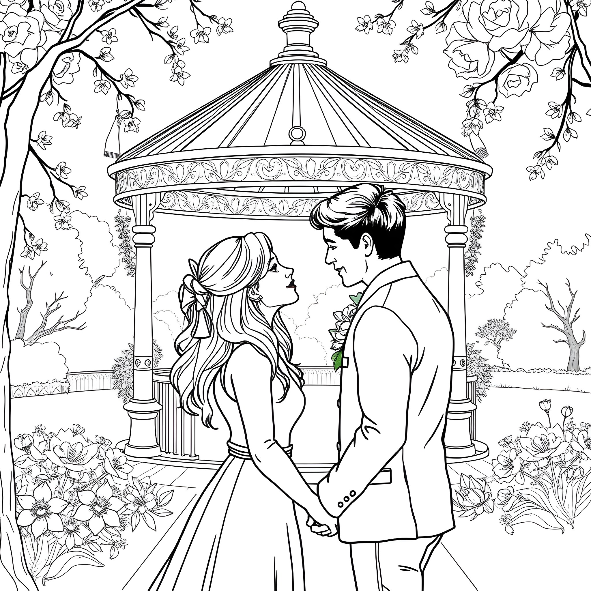 Engagement in a Floral Garden Coloring Page (free black-and-white line drawing printable PDF for all, from beginners to advanced learners, including children, teens, adults, and seniors)