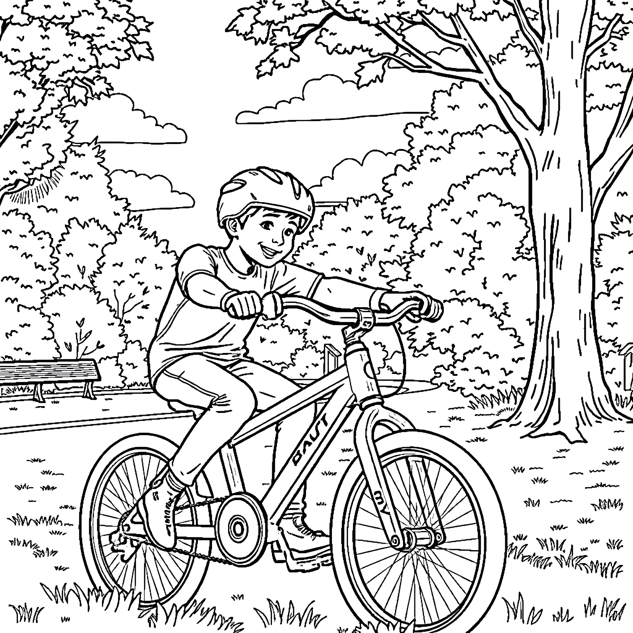 Andrew Santino riding a bicycle through a scenic park Coloring Page (free black-and-white line drawing printable PDF for all, from beginners to advanced learners, including children, teens, adults, and seniors)