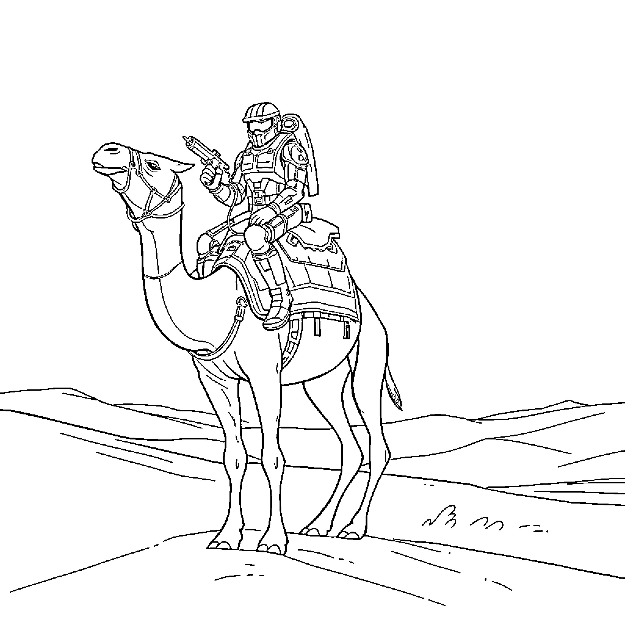 Master Chief riding a camel in the desert Coloring Page (free black-and-white line drawing printable PDF for all, from beginners to advanced learners, including children, teens, adults, and seniors)