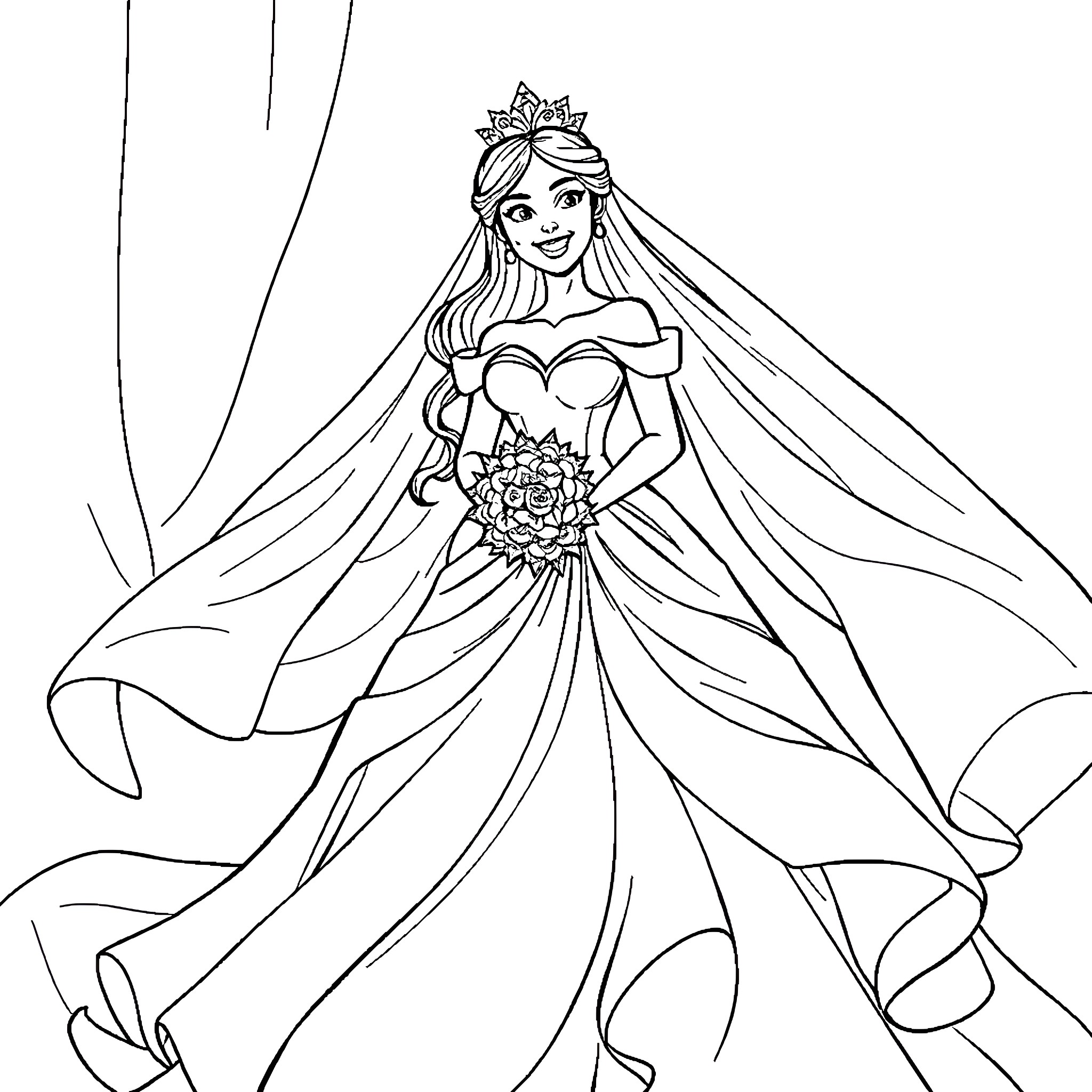 Princess in a Stunning Wedding Gown Coloring Page (free black-and-white line drawing printable PDF for all, from beginners to advanced learners, including children, teens, adults, and seniors)
