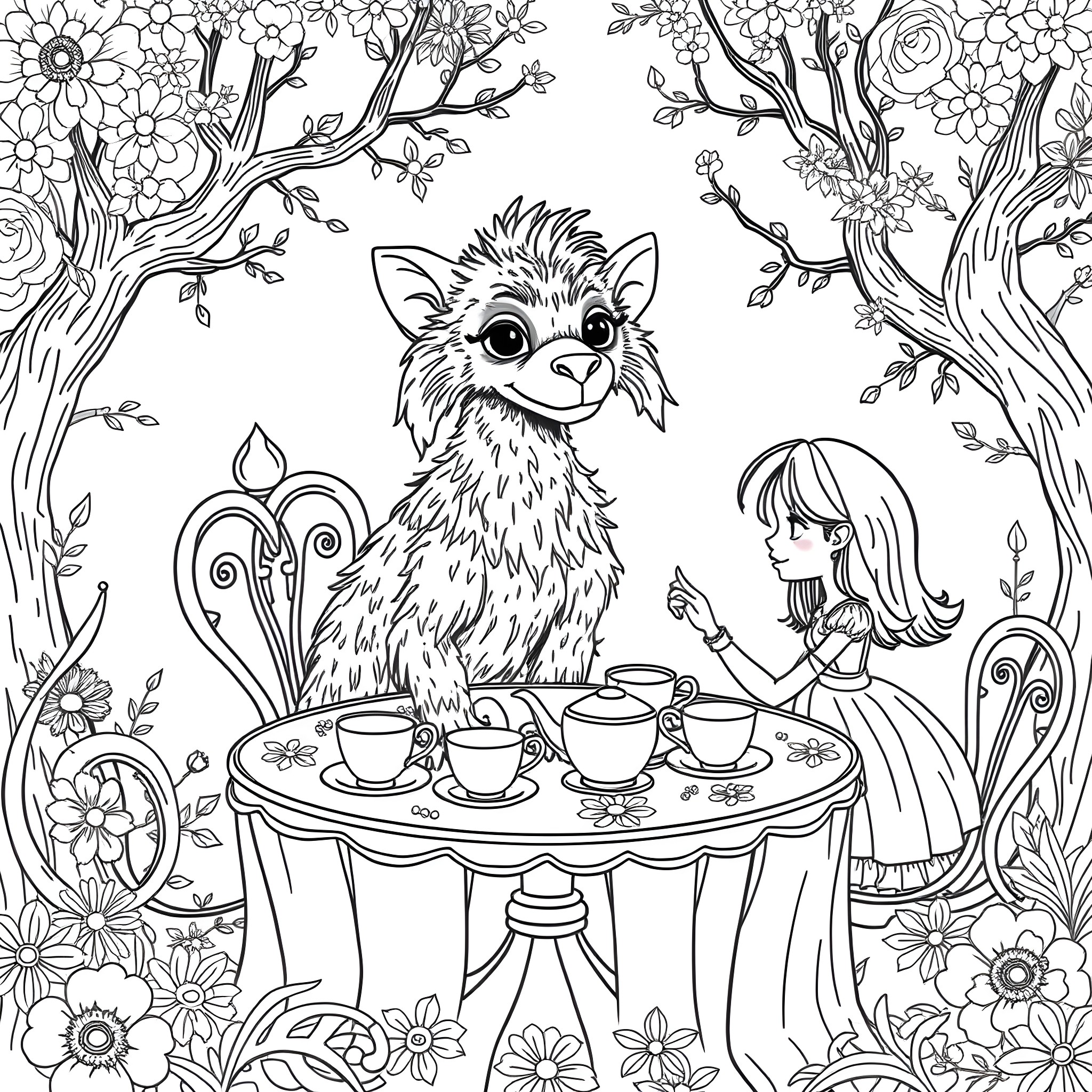 Brussel Griffon enjoying tea party with girl in enchanted forest Coloring Page (free black-and-white line drawing printable PDF for all, from beginners to advanced learners, including children, teens, adults, and seniors)