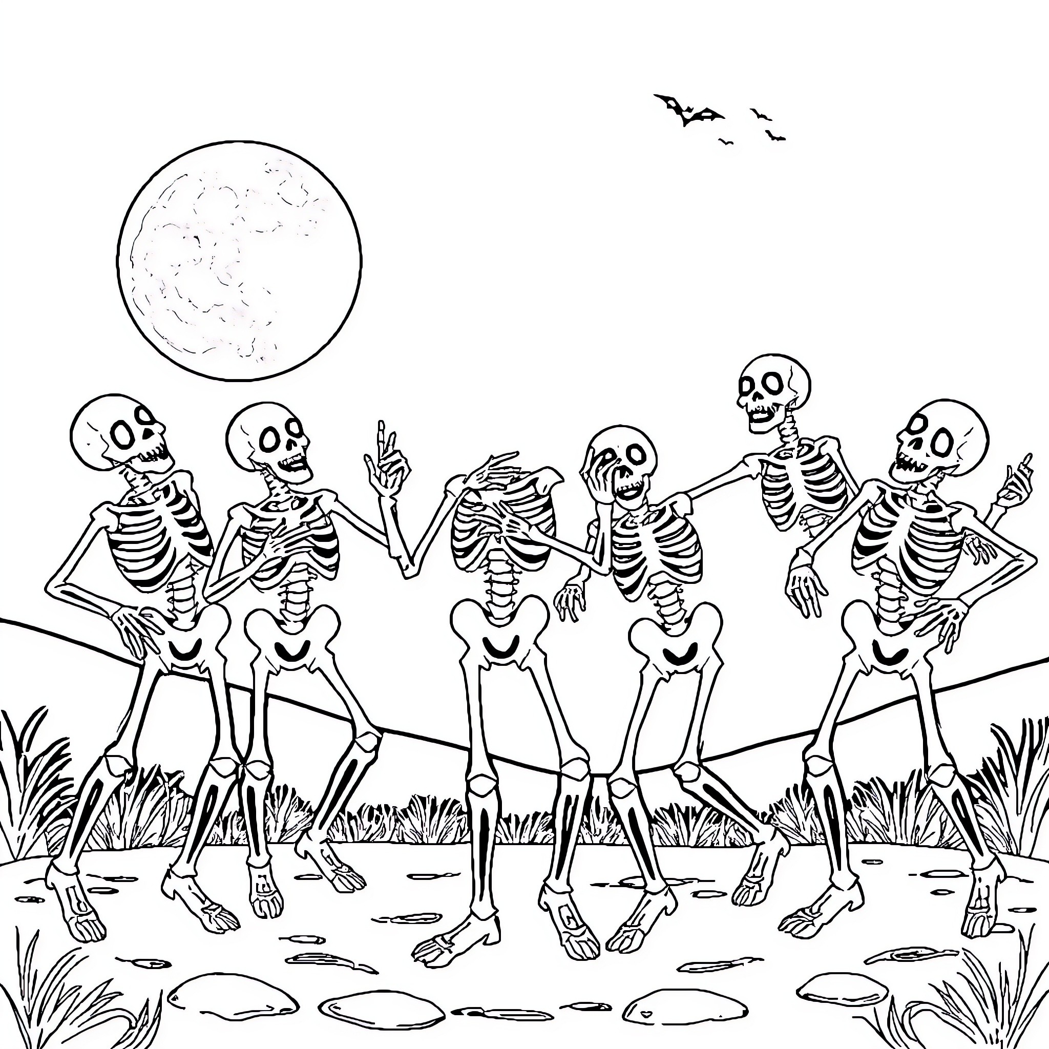 Skeleton group dancing under the moon Coloring Page (free black-and-white line drawing printable PDF for all, from beginners to advanced learners, including children, teens, adults, and seniors)