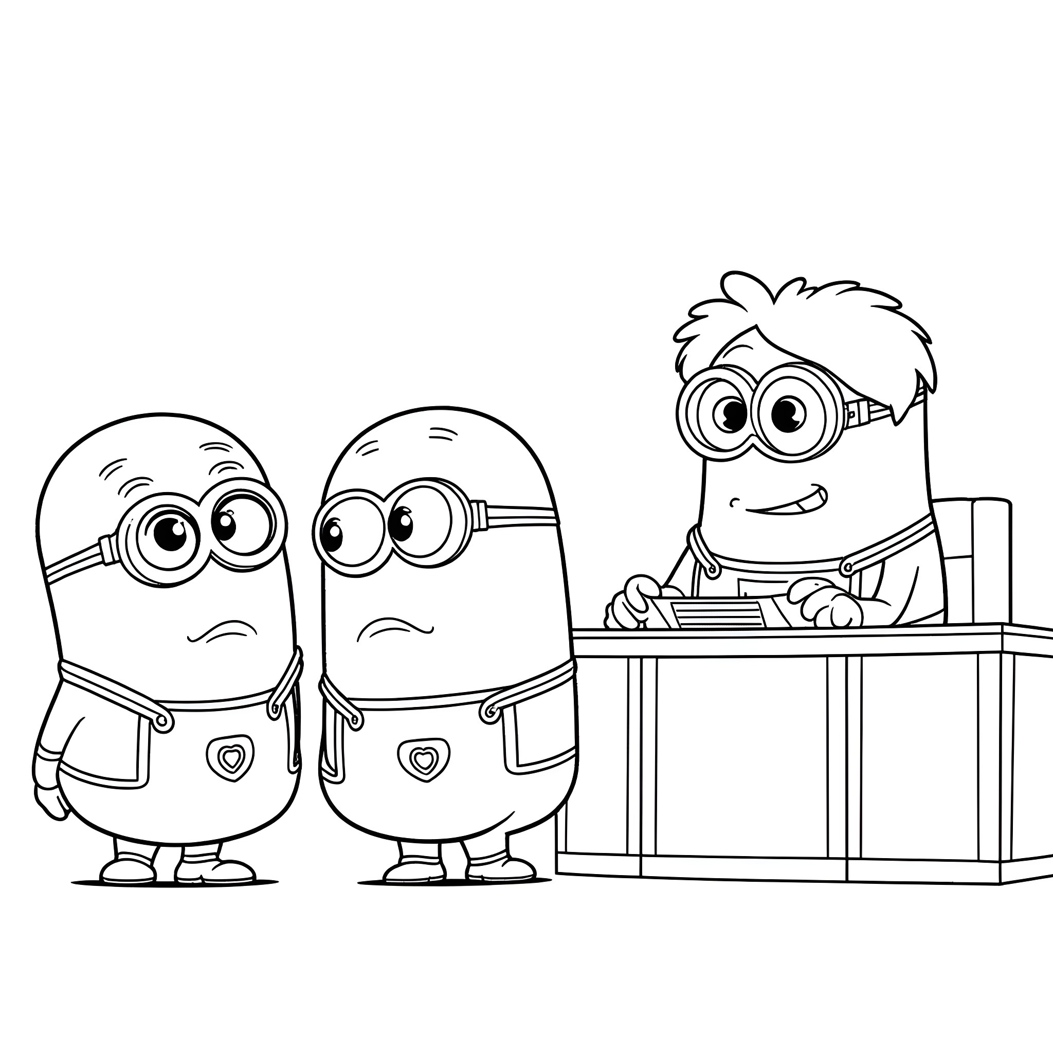 Minions working in the office Coloring Page (free black-and-white line drawing printable PDF for all, from beginners to advanced learners, including children, teens, adults, and seniors)