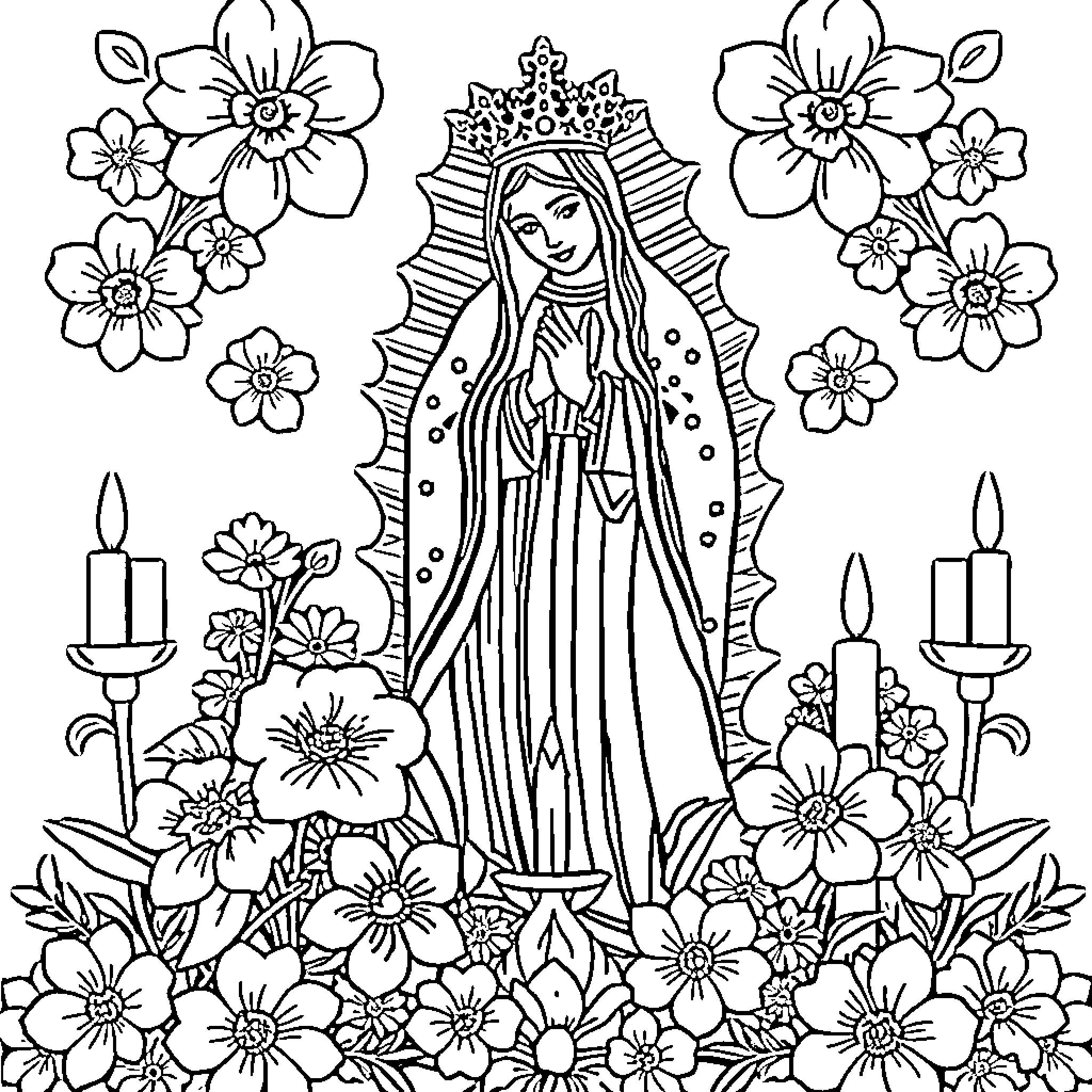 Our Lady of Guadalupe amidst vibrant floral blooms Coloring Page (free black-and-white line drawing printable PDF for all, from beginners to advanced learners, including children, teens, adults, and seniors)
