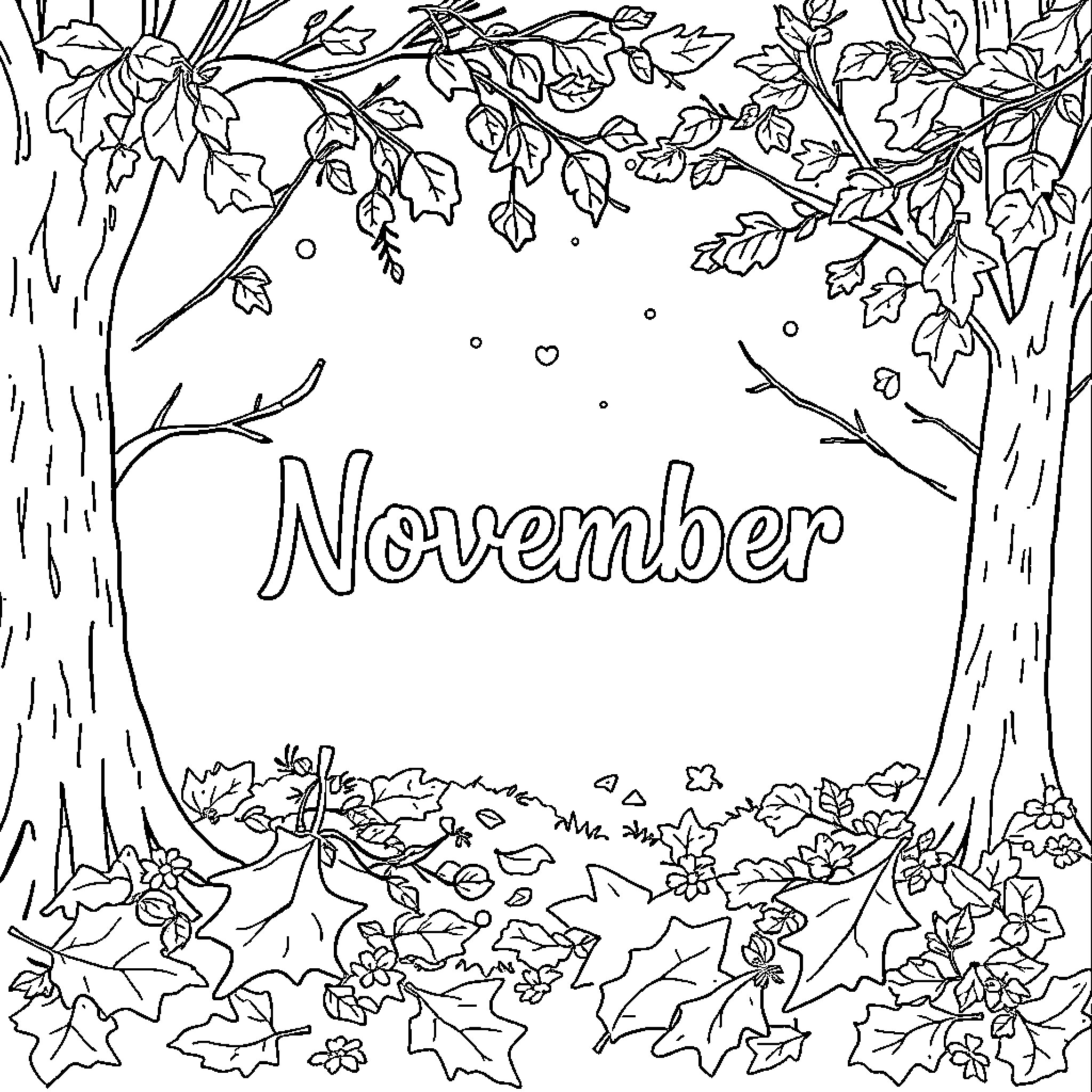 November leaves falling in the forest Coloring Page (free black-and-white line drawing printable PDF for all, from beginners to advanced learners, including children, teens, adults, and seniors)