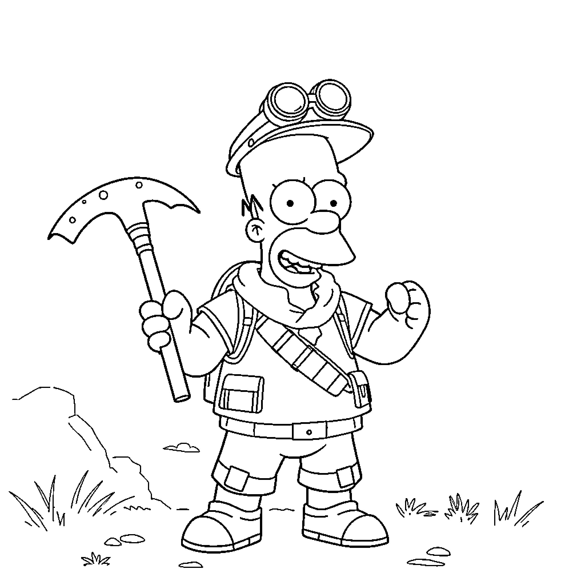 Homer Simpson as an adventurous explorer Coloring Page (free black-and-white line drawing printable PDF for all, from beginners to advanced learners, including children, teens, adults, and seniors)
