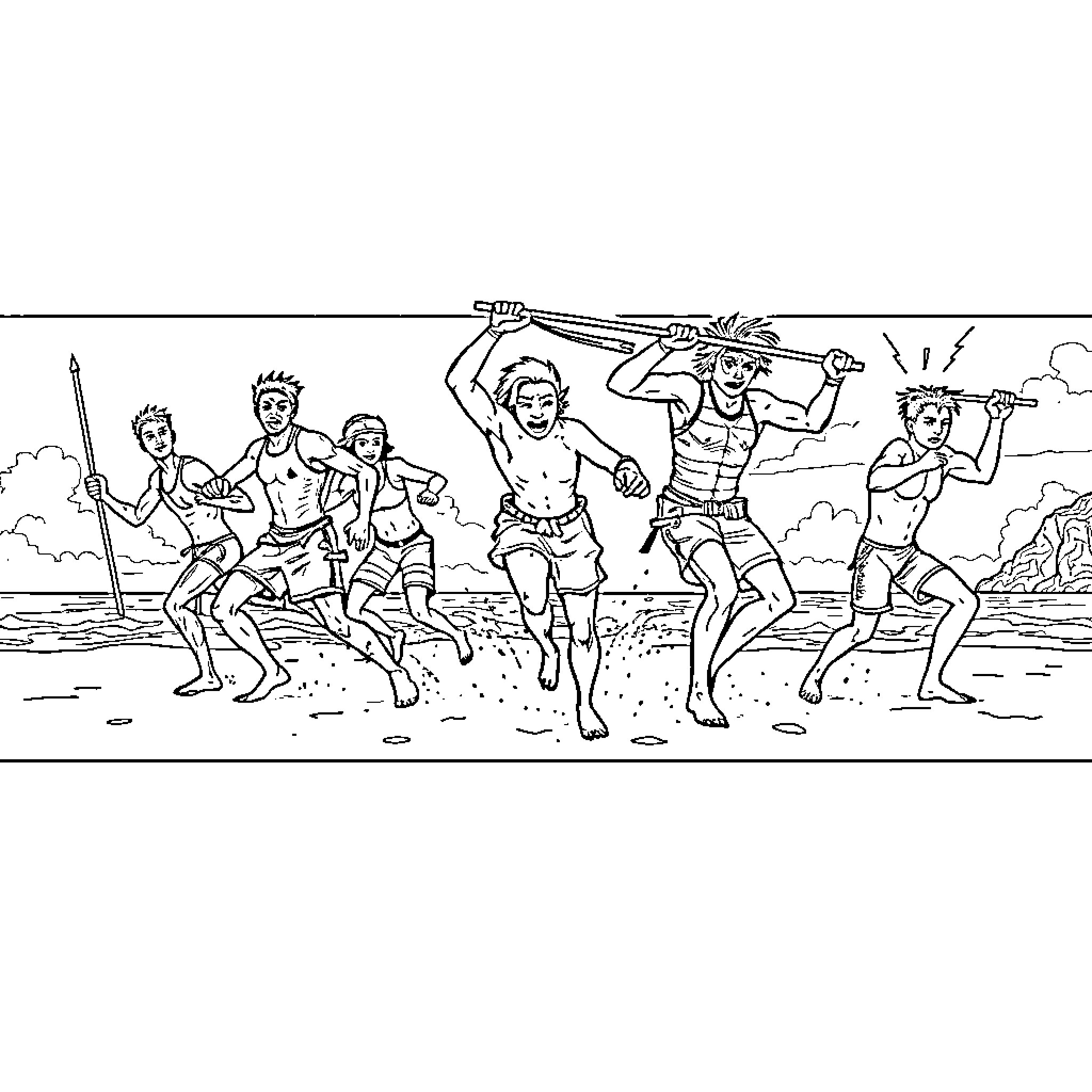 Warrior Tribe Members Engaging in Joyful Celebration Coloring Page (free black-and-white line drawing printable PDF for all, from beginners to advanced learners, including children, teens, adults, and seniors)